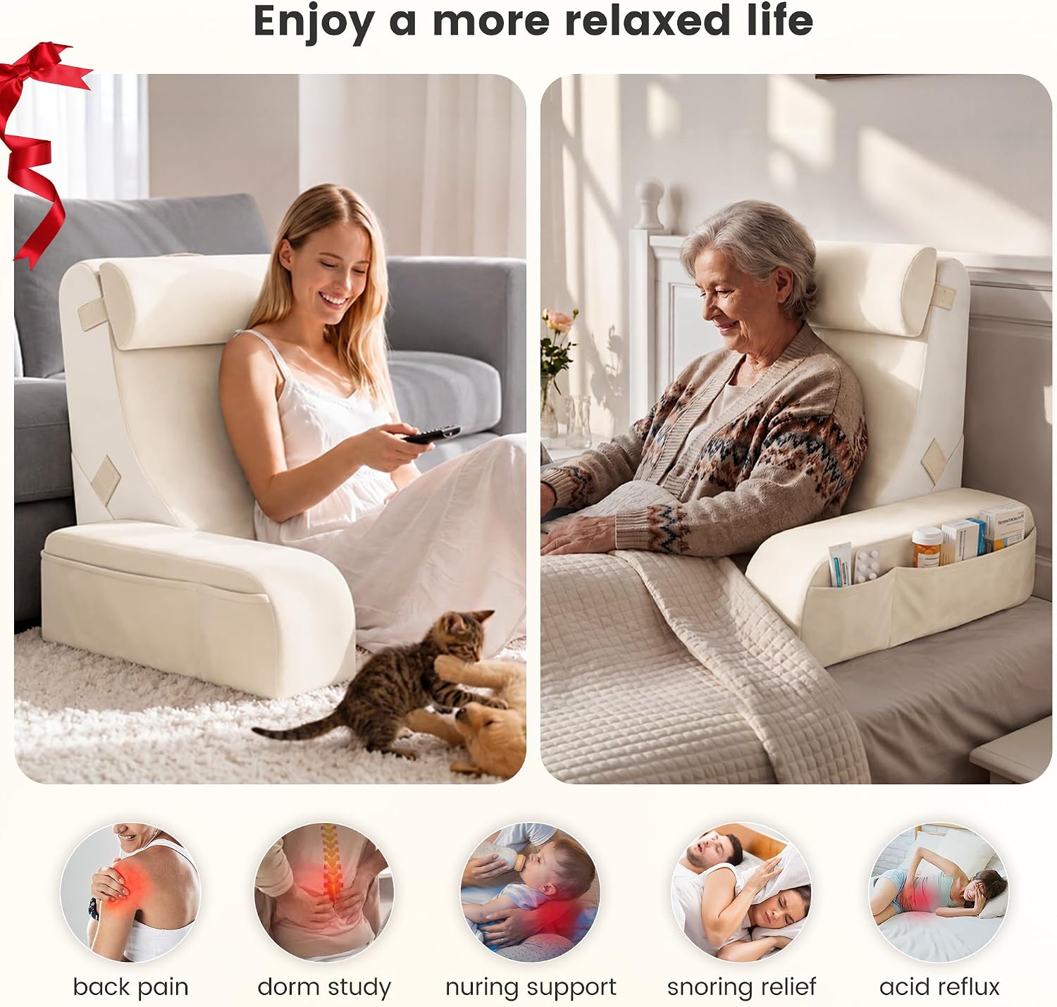 ElevateYourHome, EnhanceEver Homkdom Reading Pillow for Sitting in Bed Adult, 20" Back Pillow for Bed Sitting up with Armrests & Sto…