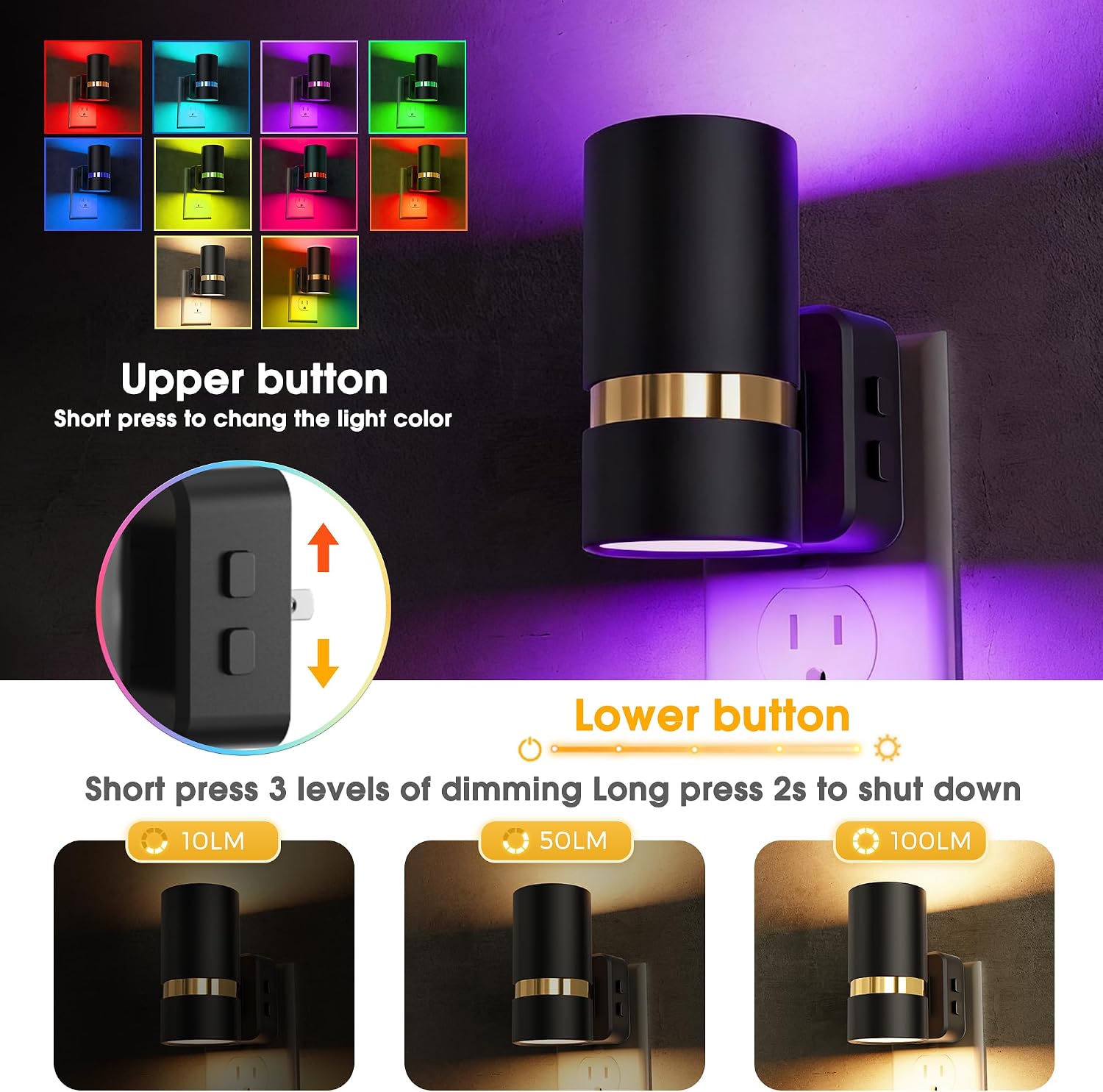 L LOHAS LED Night Light, 10-Color Changing Night Light with 180° Rotatable Plug, RGB Nightlight with Dusk to Dawn Sensor, Adjustable…