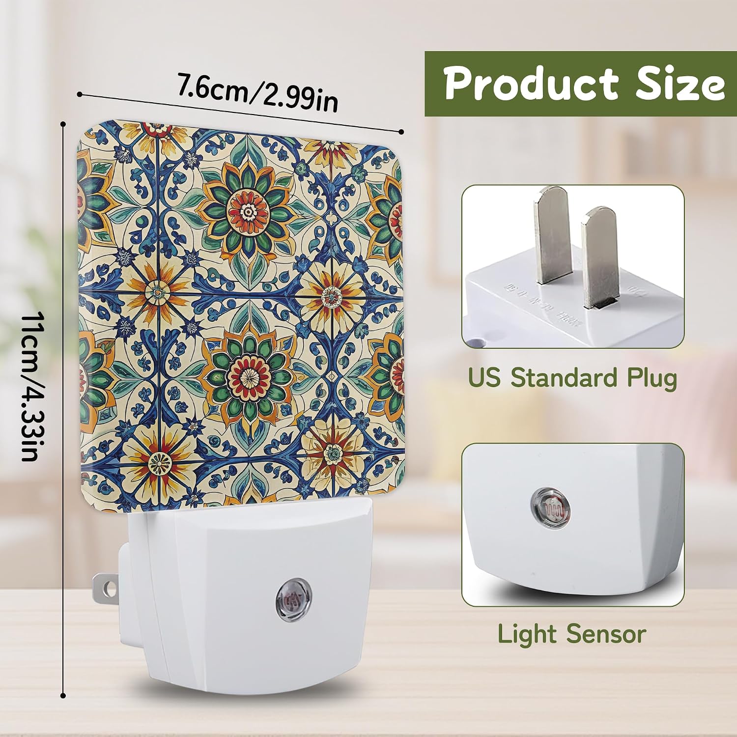 Mediterranean Floral Tile Night Lights Plug into Wall, Night Light with Dusk to Dawn Sensor for Bedroom Bathroom Kitchen Hallway Stairs…