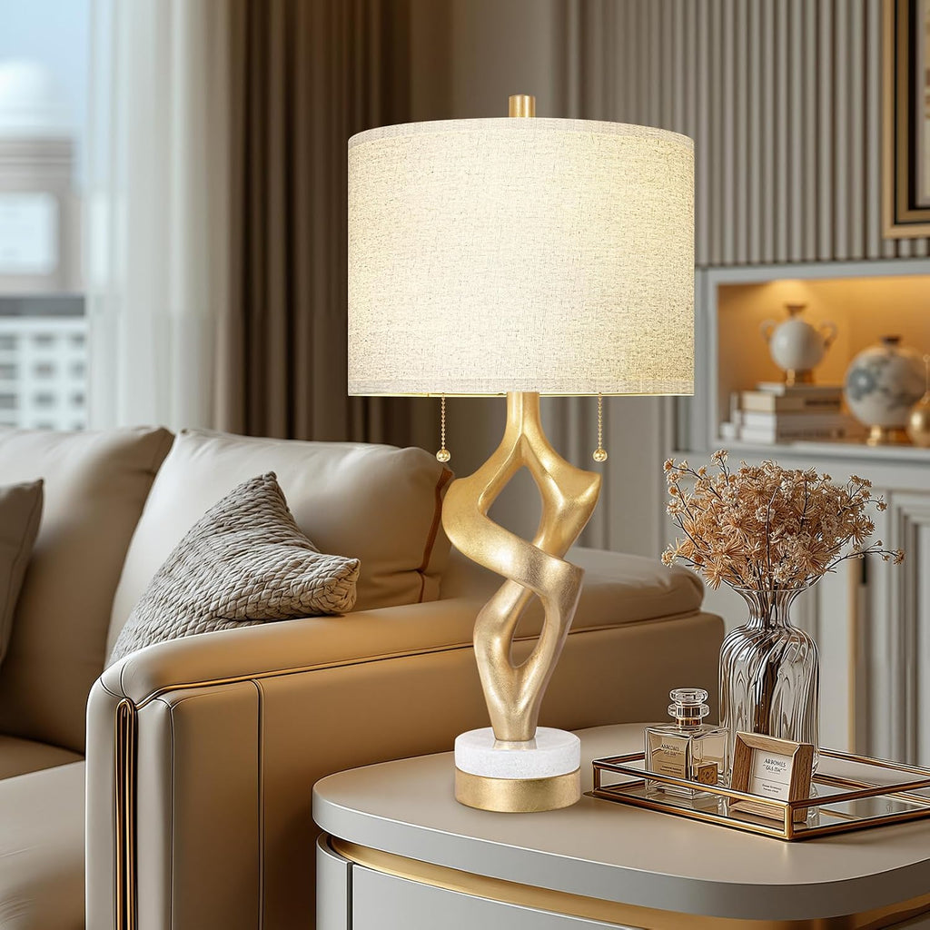 Scenekoy Sculptural Table Lamp Set of 2 with USB Ports for Bedroom Living Room, 26” Gold Leaf Marble Base Bedside Lamps, Pull Chains…