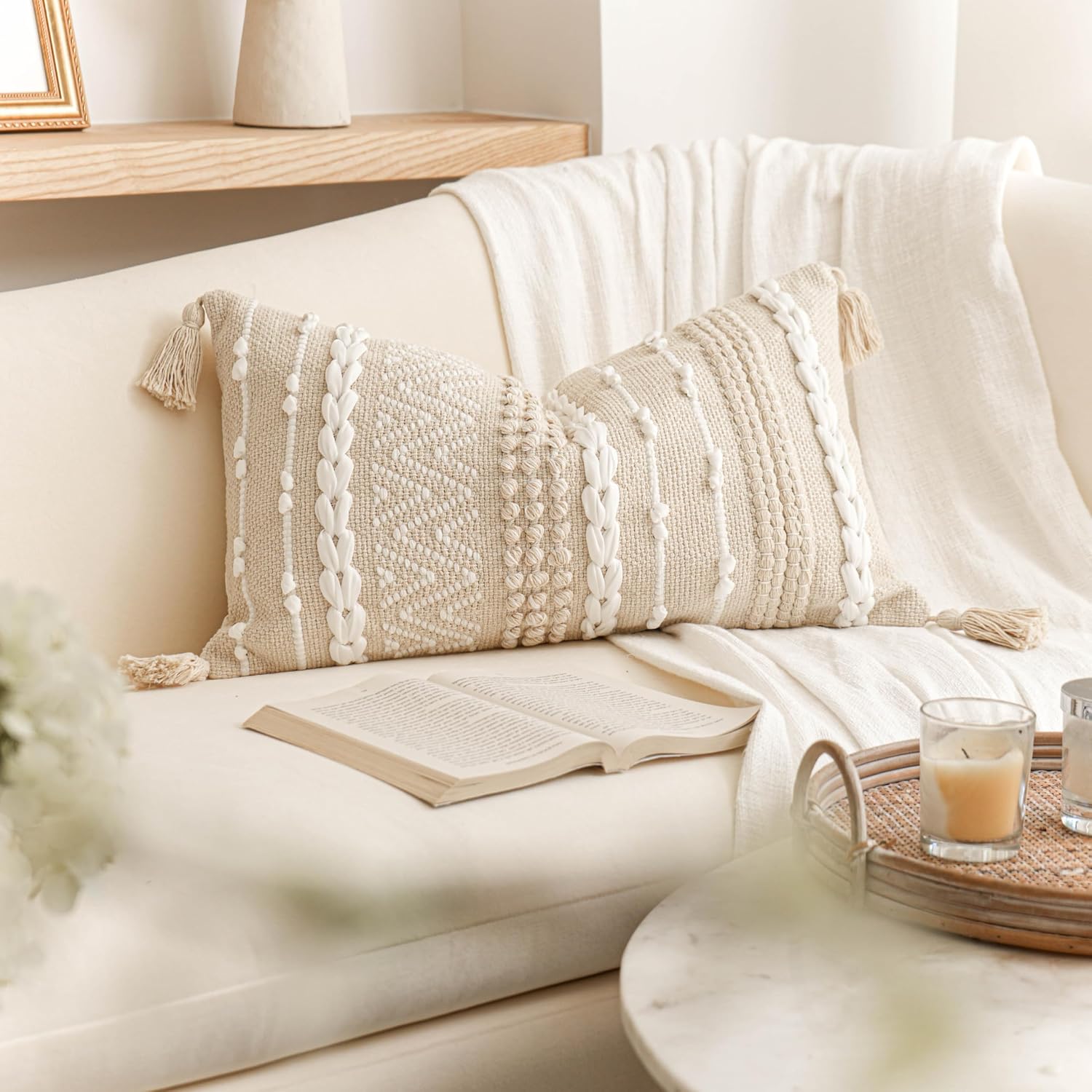 BlissBlush Decorative Lumbar Pillow Cover 14x24, Cream White Boho Accent Throw Pillow Case for Couch Sofa Bed, Modern Farmhouse Textured…