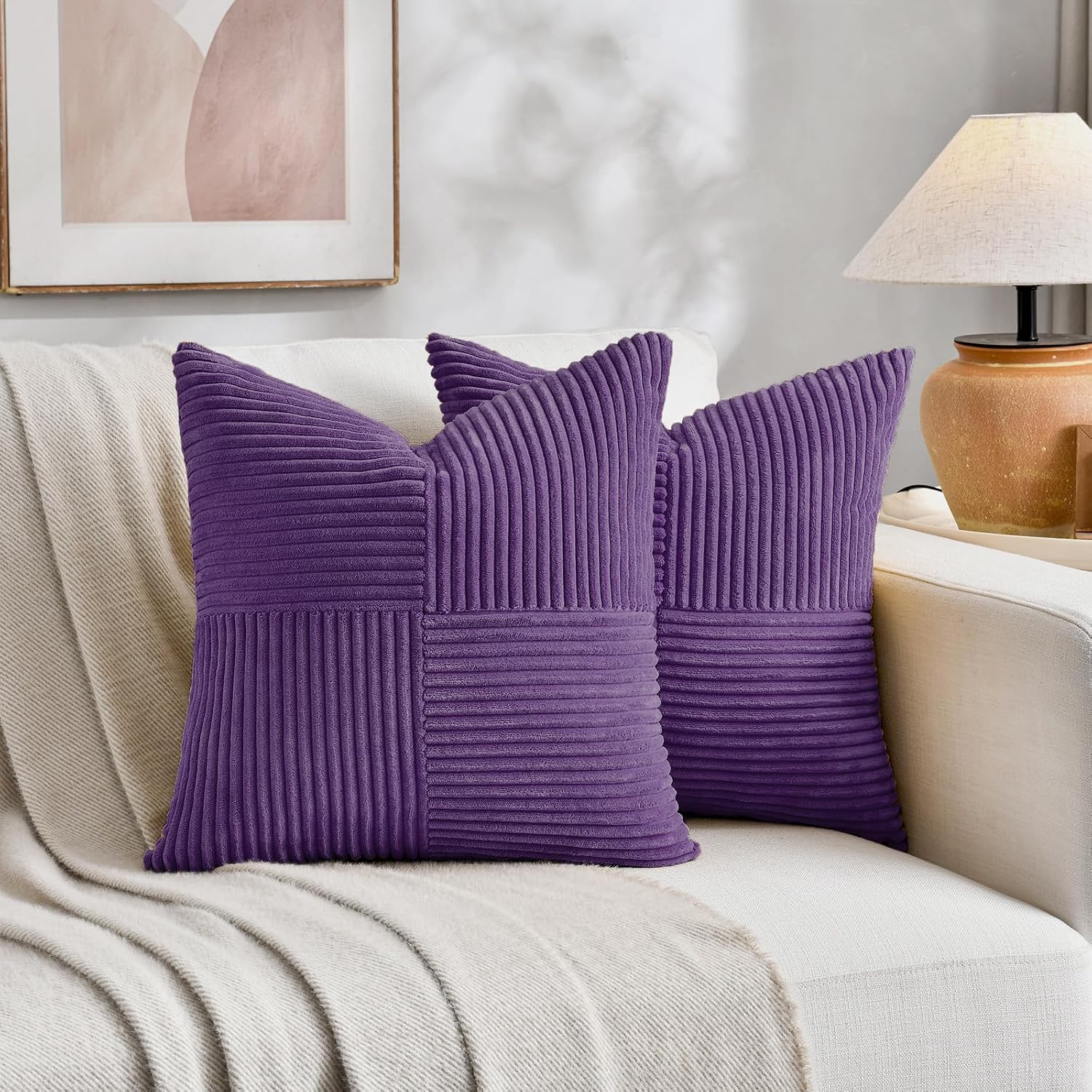 Fancy Homi 2 Packs Purple Decorative Throw Pillow Covers 22x22 Inch for Living Room Couch Bed, Farmhouse Boho Home Decor, Soft Corss…