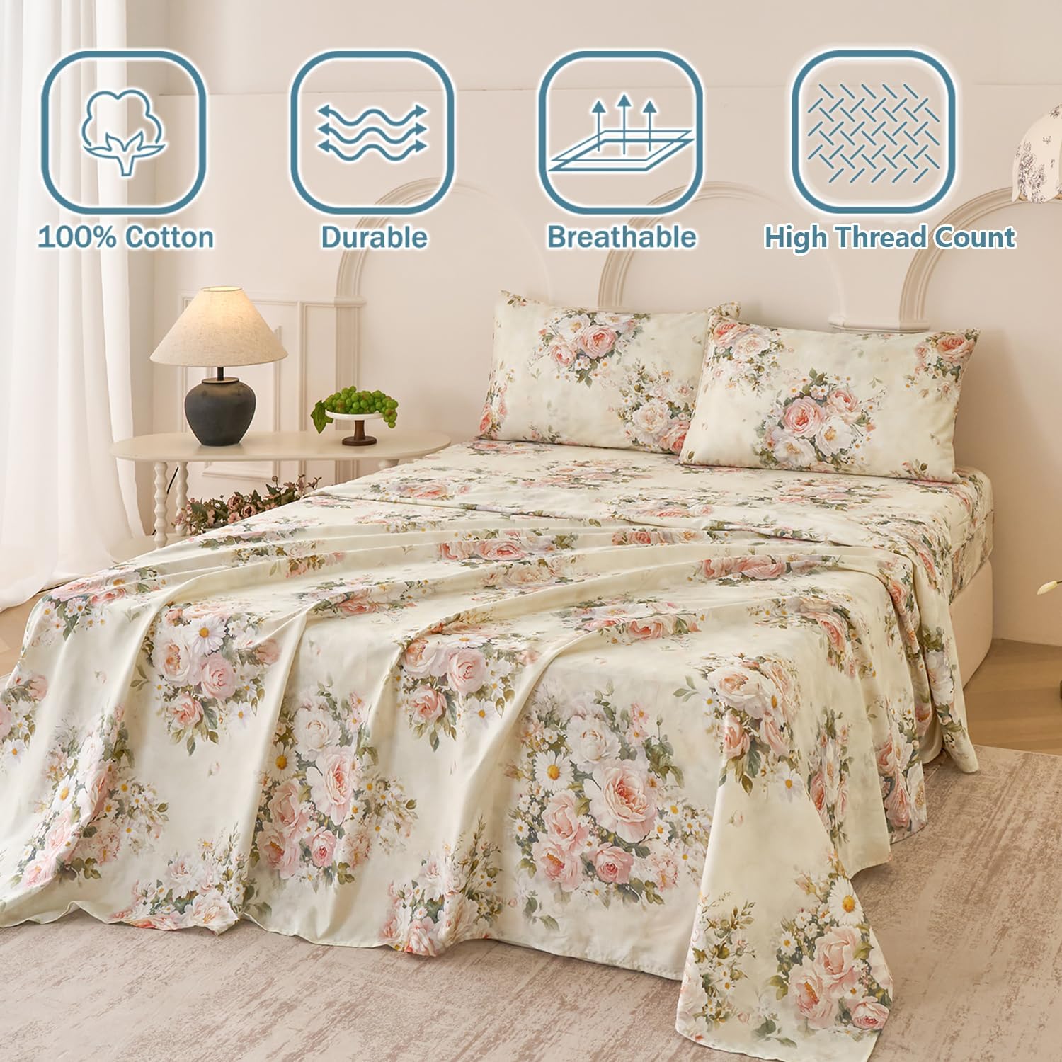 Softtouchsweetdreams Silky Floral Bed Sheets Full Size Cream 100% Cotton Blush Pink Rose Printed Sheet Set, Satin Weave Cooling Sheets for…