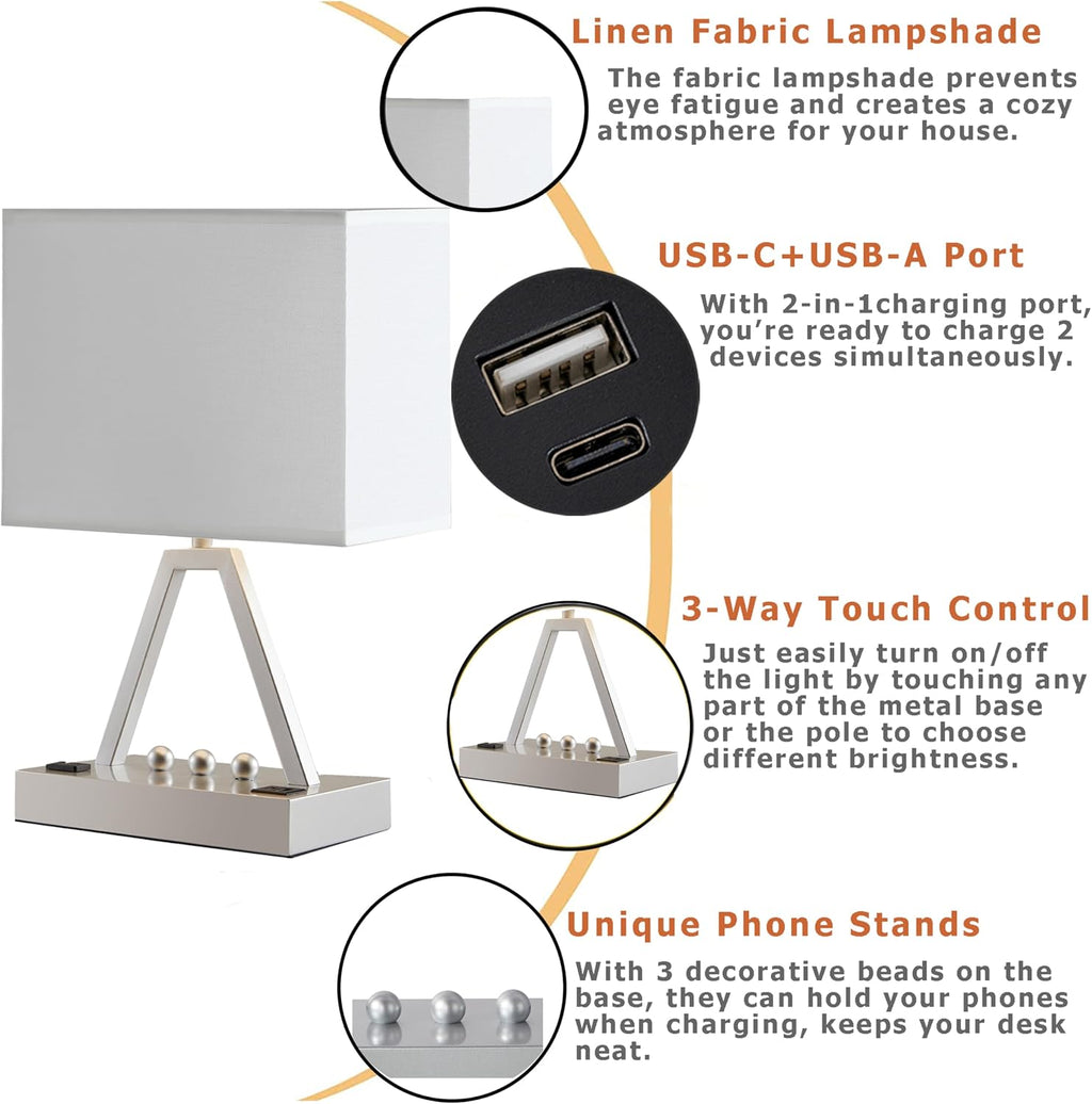 Briever Touch Control Table Lamp, 3-Way Dimmable Desk Lamp with USB C & A and AC Outlet, Bedside Lamp with Phone Stand and Fabric Shade for…