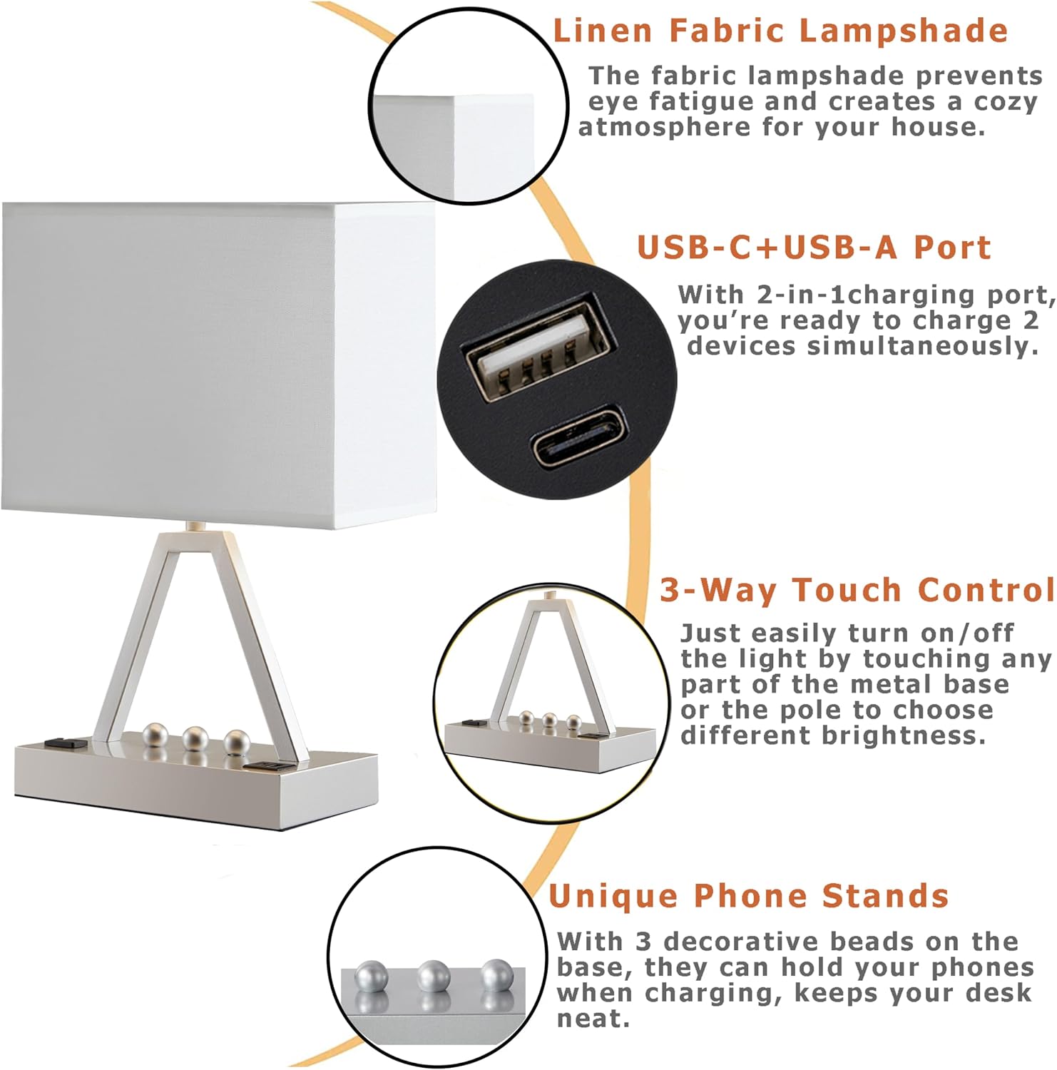 Briever Touch Control Table Lamp, 3-Way Dimmable Desk Lamp with USB C & A and AC Outlet, Bedside Lamp with Phone Stand and Fabric Shade for…