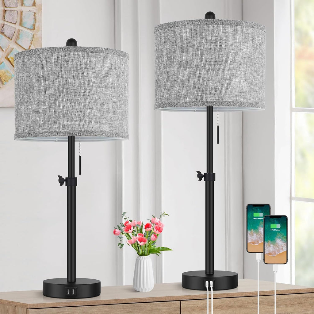 Kondras Table Lamps for Bedroom Set of 2, 23''-30'' Adjustable Height Bedside Lamps with 2 USB Ports, Black Nightstand Lamps with Grey…