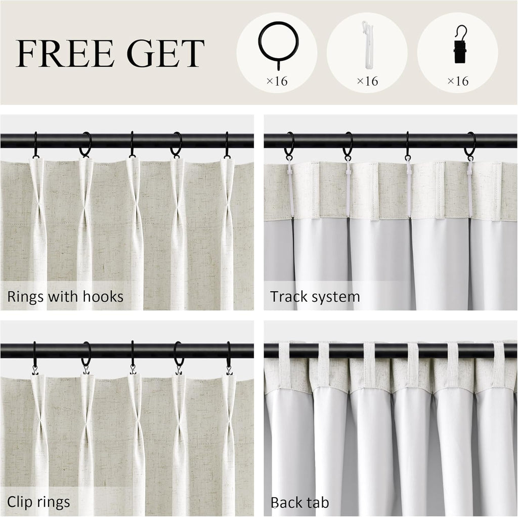Boodii 100% Blackout Pinch Pleated Linen Curtains Beige 105 Inches Extra Long 2 Panels for Living Room Bedroom White Thermal Insulated Farm…