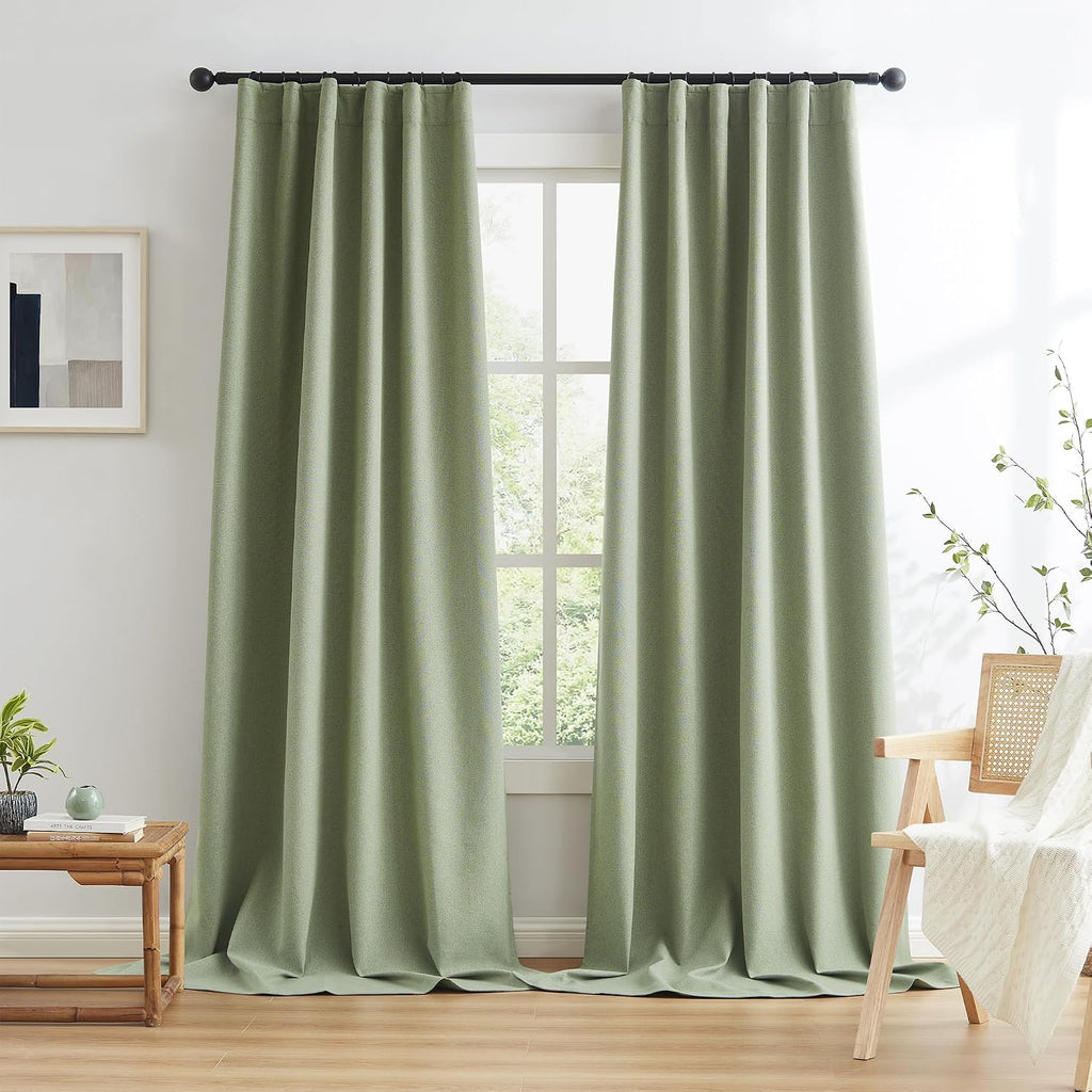 Keqiaosuocai Sage Green Blackout Linen Curtains for Bedroom, Boho Natural Bedroom Home Decor, Long Drapes for Living Room Back Tab Pocket 5…