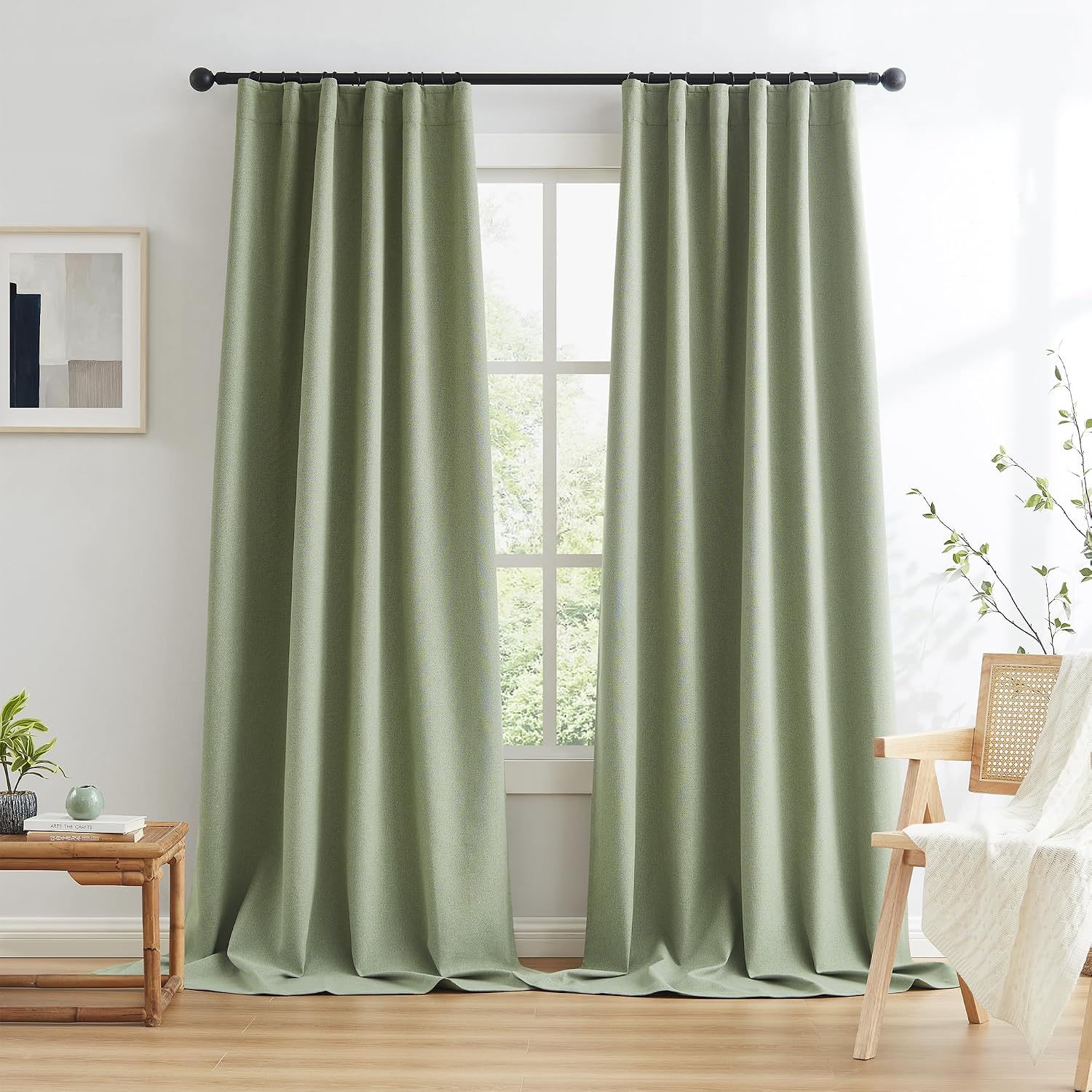 Keqiaosuocai Sage Green Blackout Linen Curtains for Bedroom, Boho Natural Bedroom Home Decor, Long Drapes for Living Room Back Tab Pocket 5…
