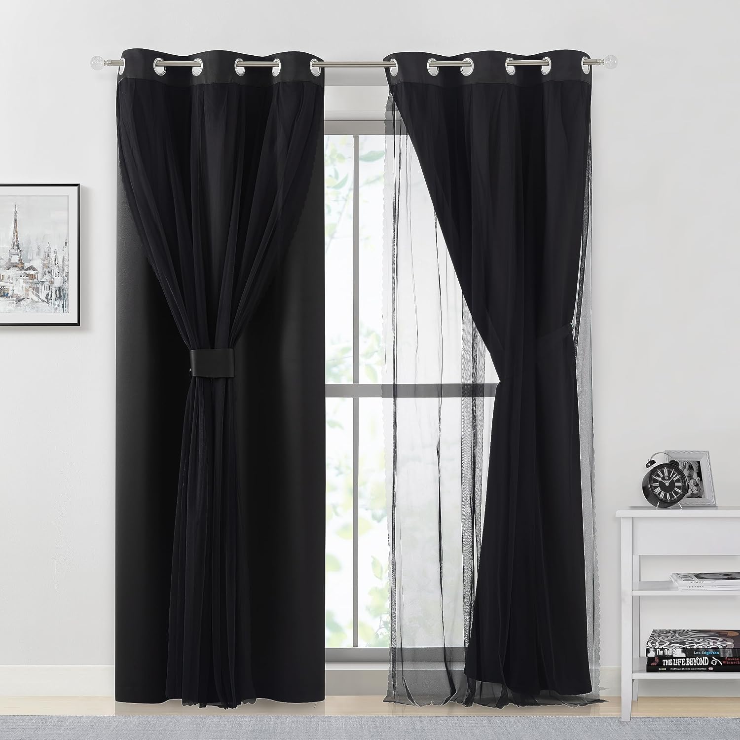 Bujasso Black Full Blackout Curtains with Sheer Overlay Mix and Match Double Layer Thermal Insulated Window Panels 84 inch for Living Room…