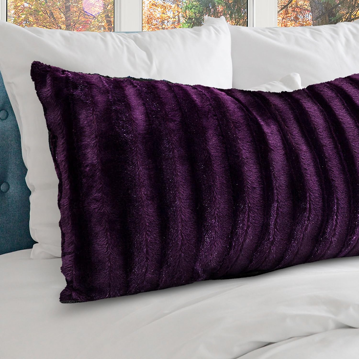 Cheer Collection Faux Fur Long Body Pillow - Accent Throw Pillow for Bed and Couch - Decorative Lumbar Pillow with Insert, Purple (18" x…