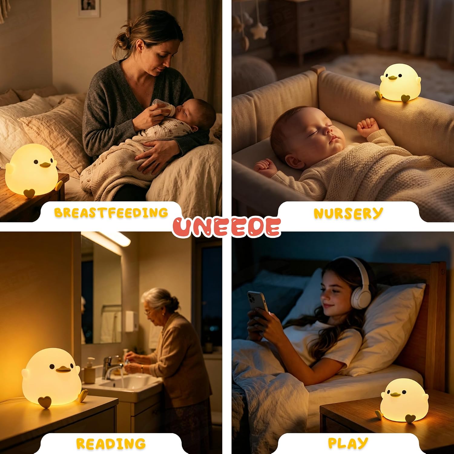 UNEEDE LED Cute Bean Duck Night Light, DoDo Duck Silicone Nursery Night Light Squishy Dimmable Rechargeable Table Bedside Lamp with Touch…