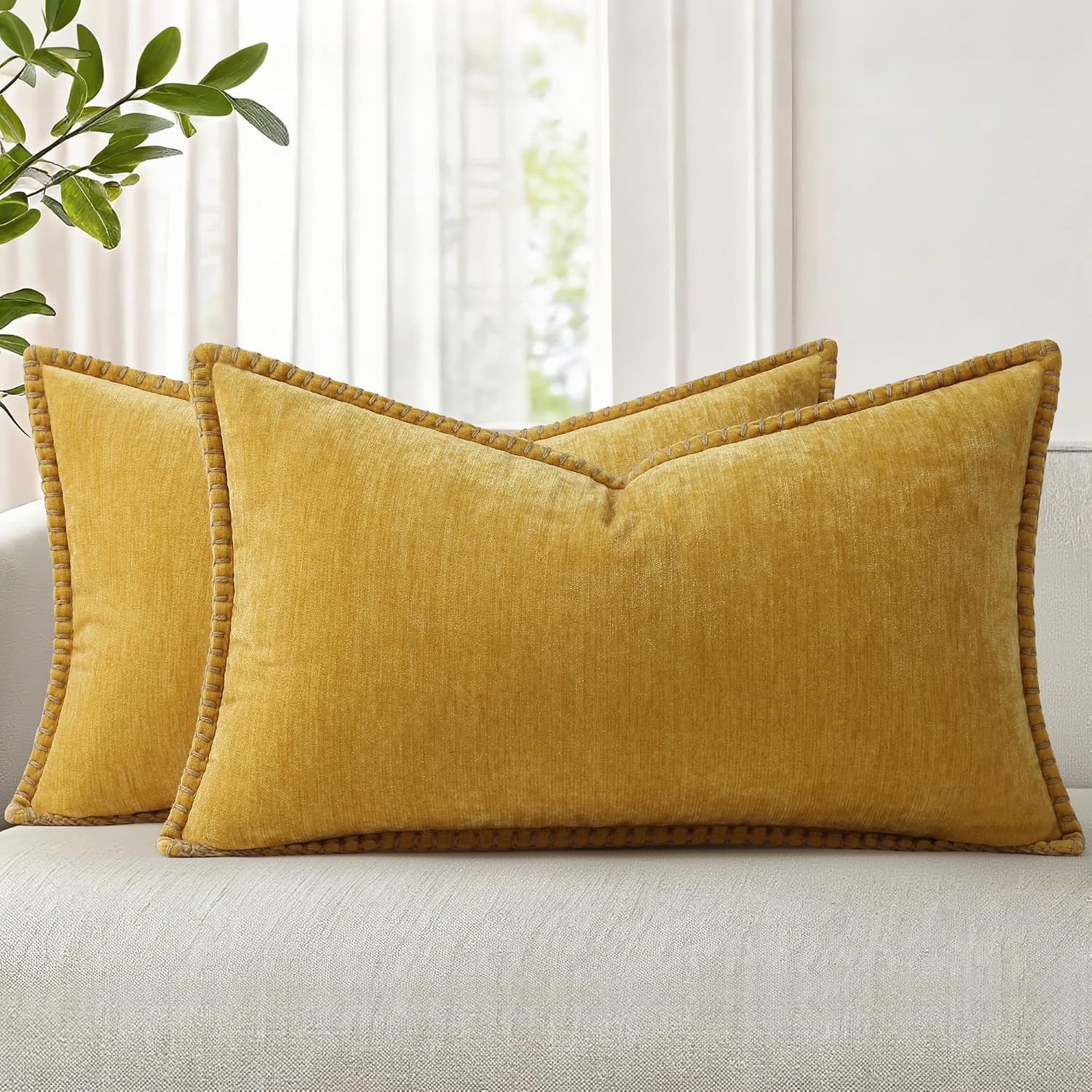 decorUhome Summer Chenille Soft Cozy Throw Pillow Covers 12x20 Set of 2, Modern Farmhouse Boho Velvet Decorative Pillow Cases with Stitched…
