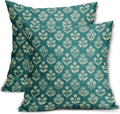 Teal Floral Block Print Pillow Covers 18x18 Inch Set of 2, Vintage Flower Pattern Decorative Throw Pillowcases Outdoor Farmhouse Cushion…