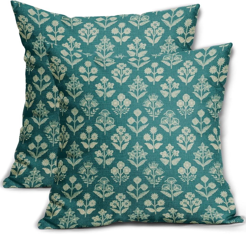 Teal Floral Pillow Covers 24x24 Inch Set of 2, Vintage Flower Block Print Pattern Decorative Throw Pillowcases Outdoor Farmhouse Cushion…