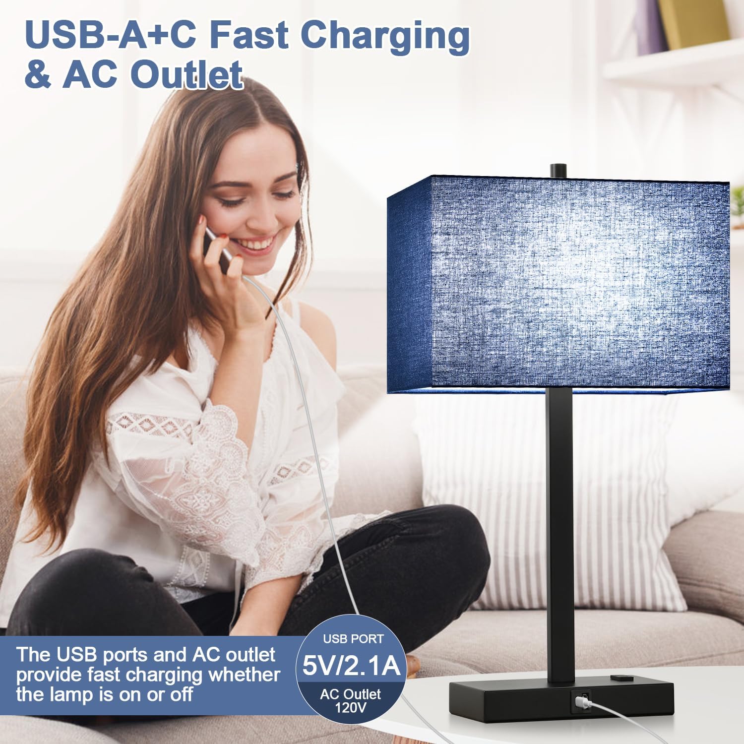 Lynnoland 21" Set of 2 Bedside lamp with USB A+C & AC Outlets, Touch Control 3-Way Dimmable Nightstand Lamps for Bedroom Living Room…