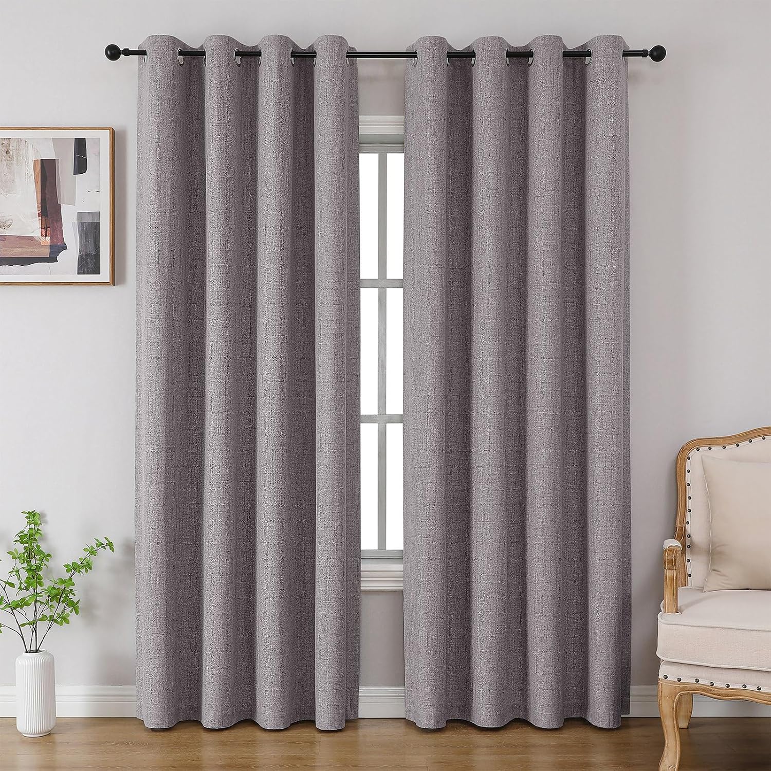 Cucraf 100% Blackout Curtains 84 inches Length 2 Panels Set, Room Darkening Linen Textured Curtain Grommet for Bedroom Living Room, Light B…