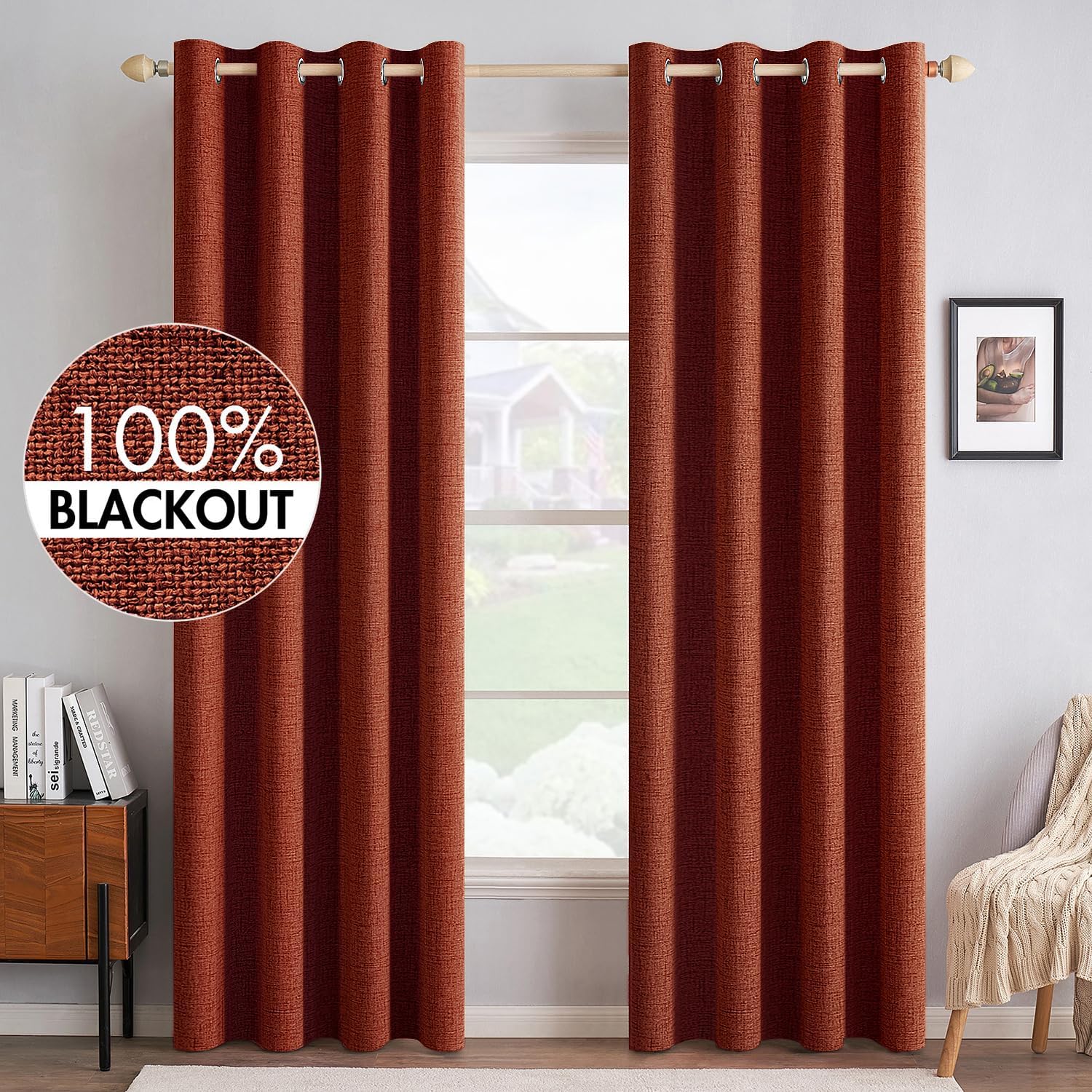 Miulee Linen Curtains for Bedroom 100% Blackout Thermal Insulated Burnt Orange Grommet Room Darkening Curtains & Drapes Rust Terracotta Fal…