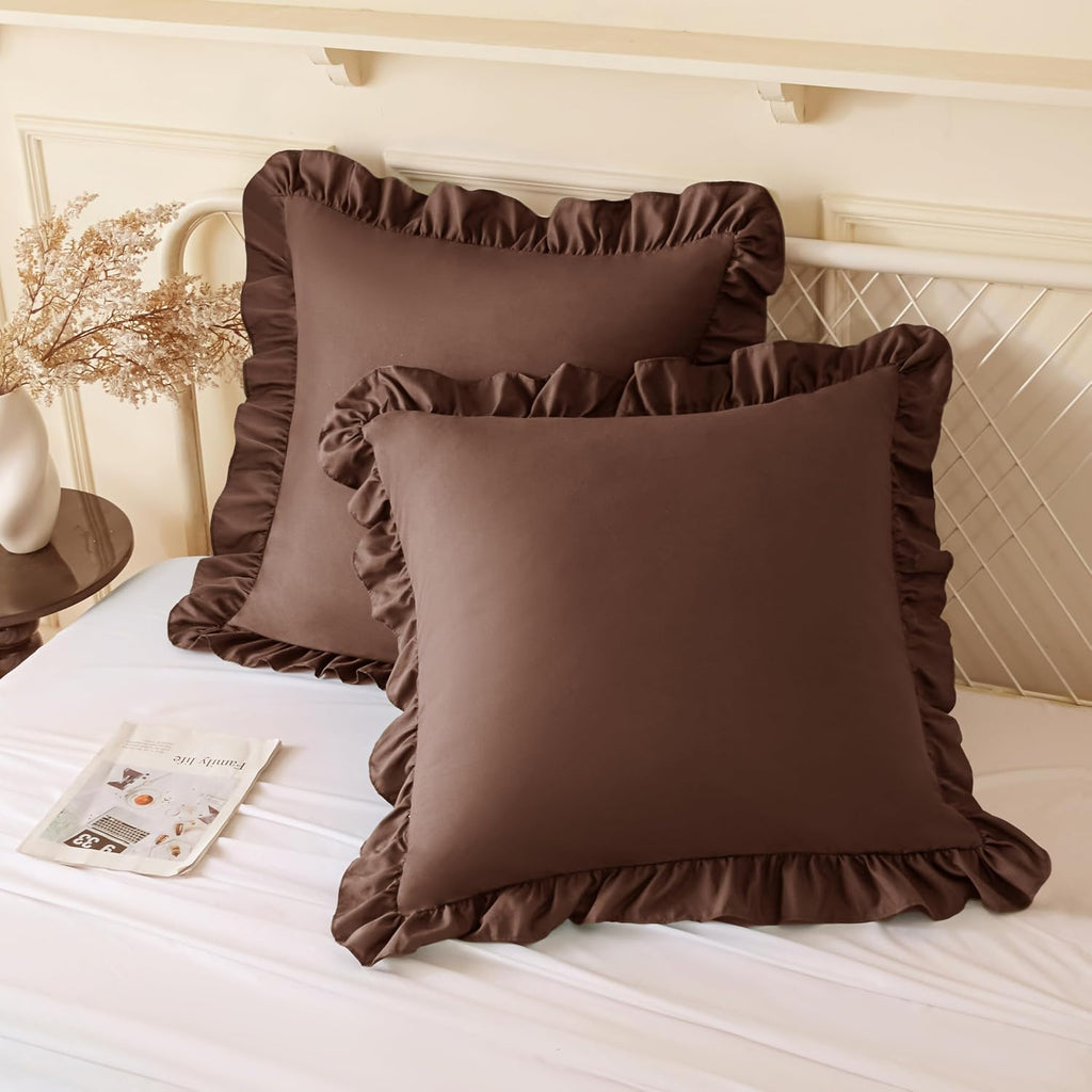 KKJIAF Ruffle Pillow Cases 20x20 Inches, Brown Square Ruffled Pillow Covers Set of 2, Microfiber Wrinkle Resistant Pillow Shams with…