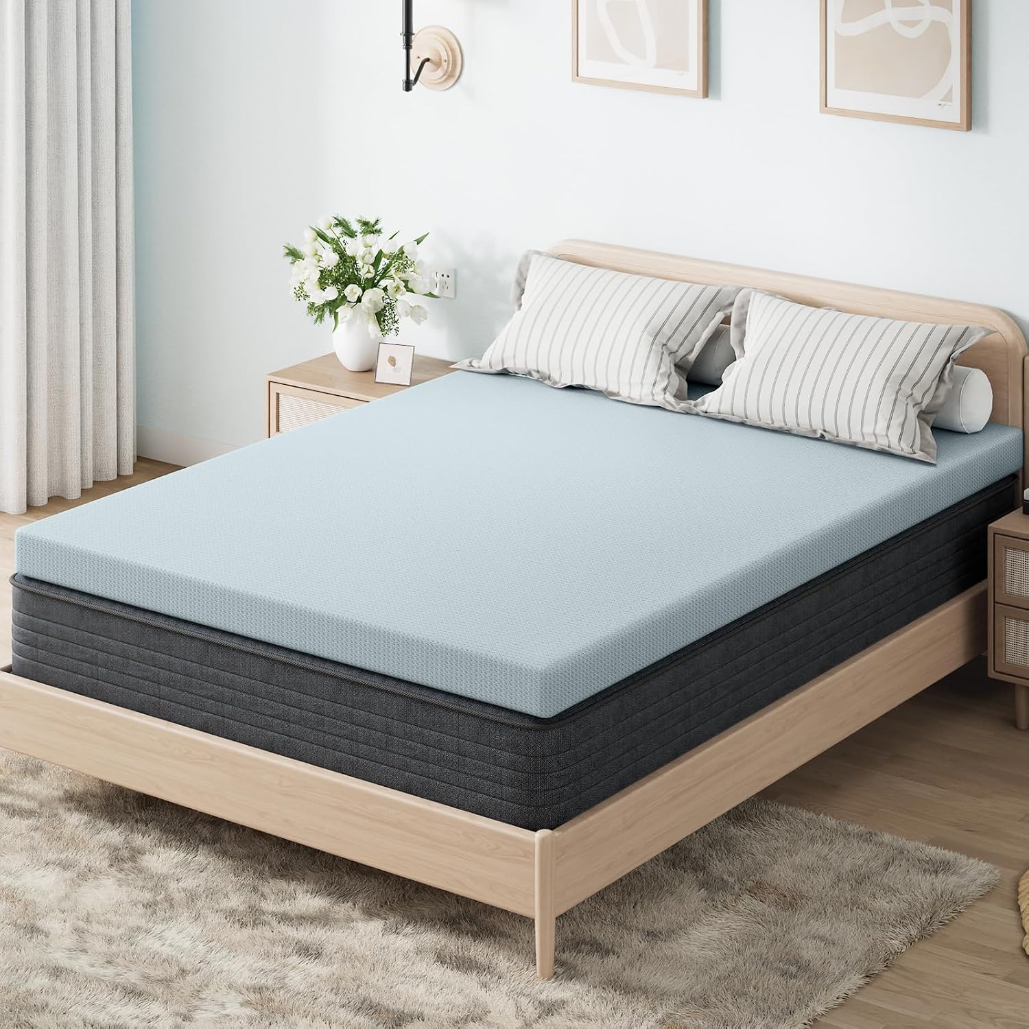 OhGeni 2 Inch Full Memory Foam Mattress Topper Pad with Cover, Soft Bed Cover with Anti-Slip Base, Enhanced with Cooling Gel, Comfort for S…