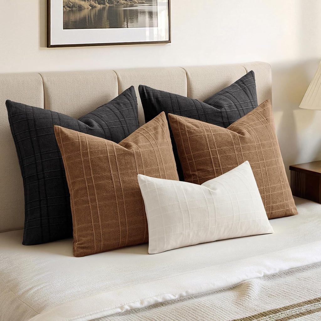 Miulee Decorative Linen Check Throw Pillow Covers Neutral Farmhouse Vintage Pillow Covers 20x20 Set of 2 Boho Modern Winter Home Decor for…