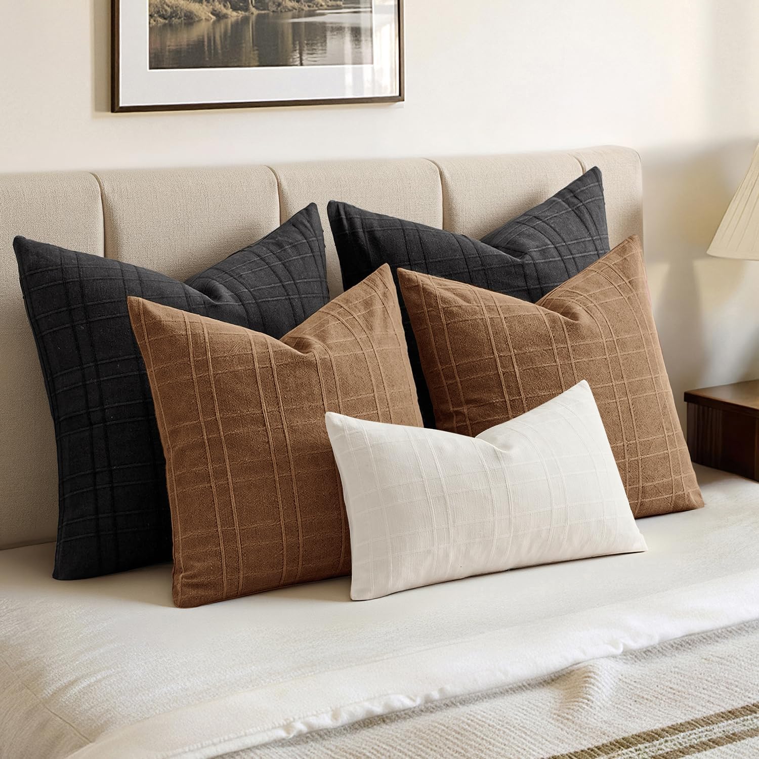 Miulee Decorative Linen Check Throw Pillow Covers Neutral Farmhouse Vintage Pillow Covers 20x20 Set of 2 Boho Modern Winter Home Decor for…