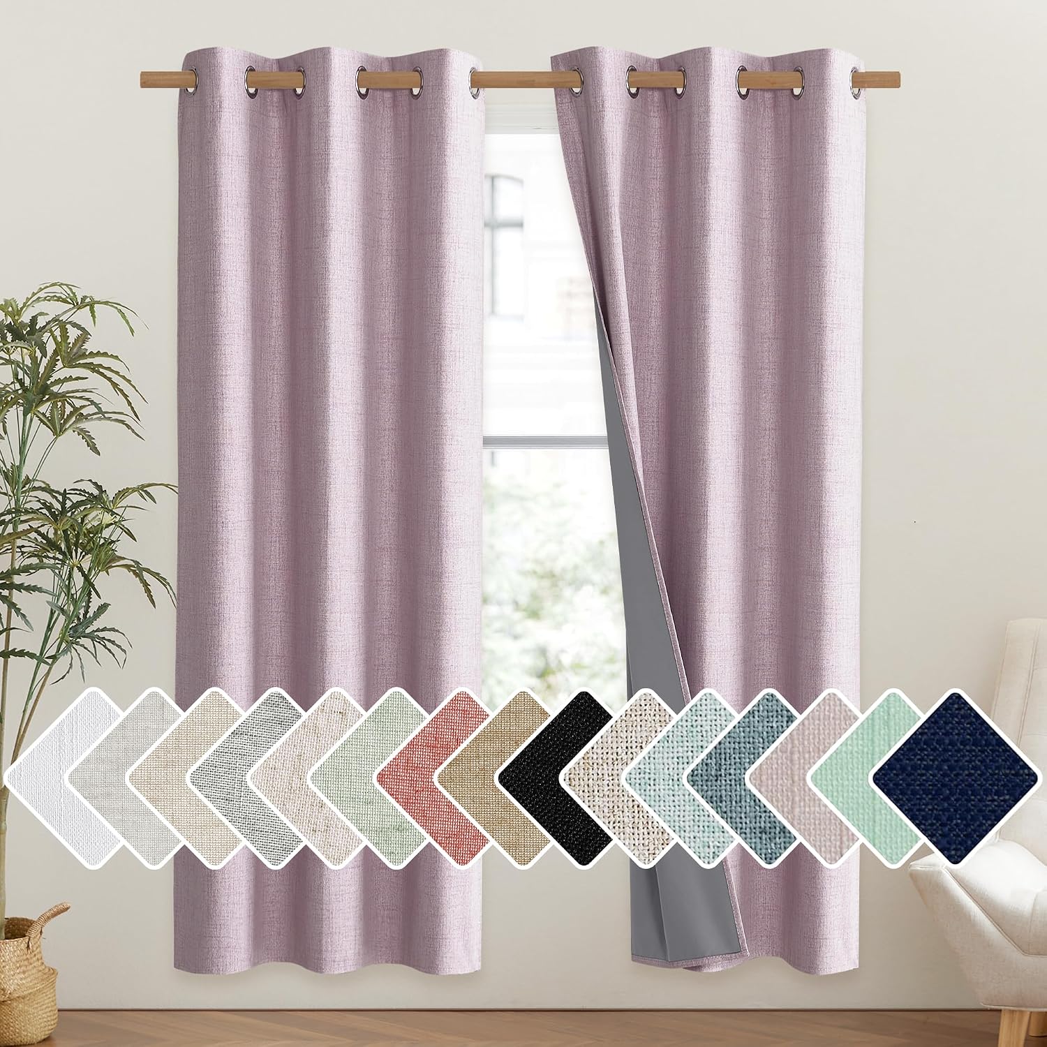 NICETOWN Pink Vintage Linen 100% Blackout Curtains for Classroom, Thermal Insulated Curtains 72" Long, Noise Reducing Window Treatment…