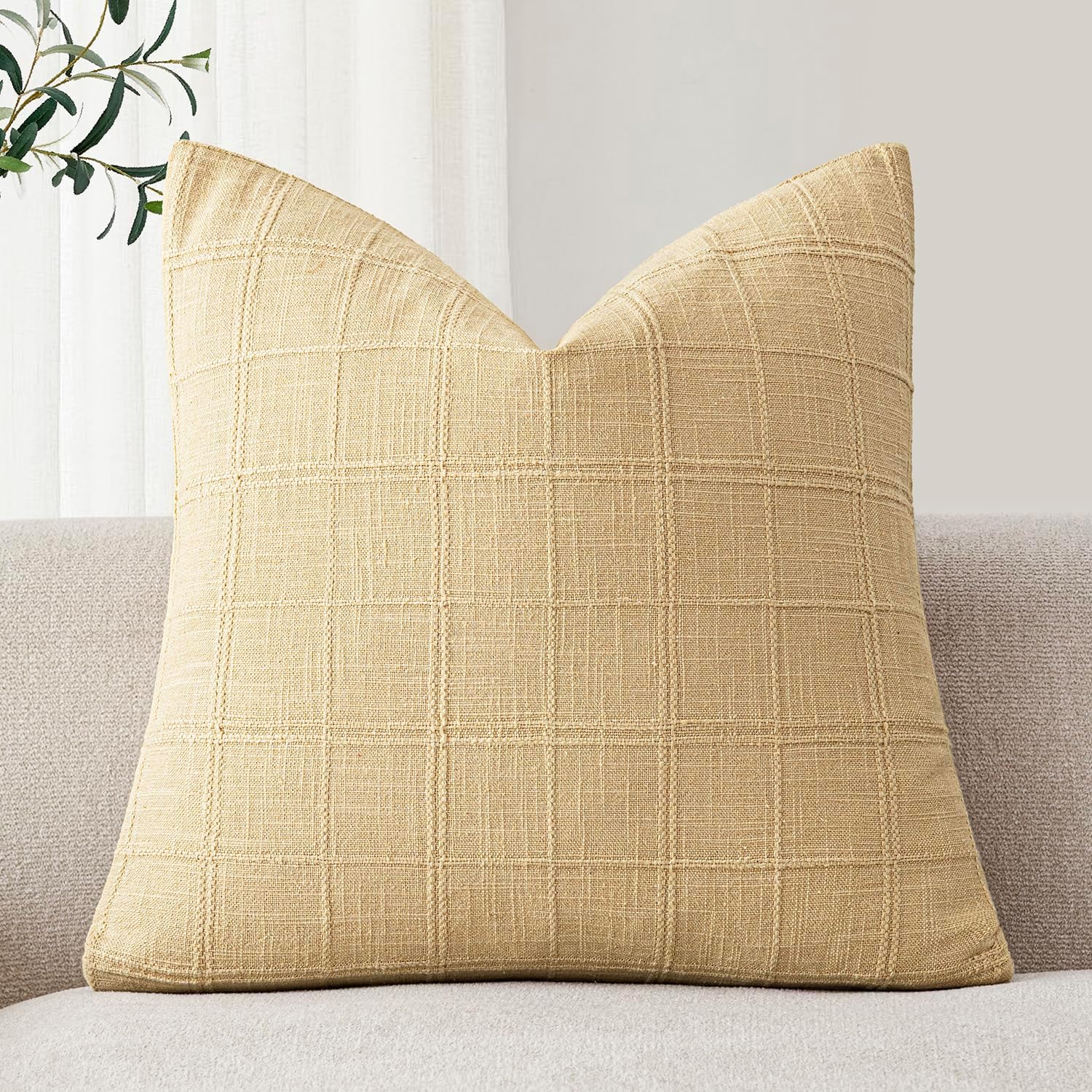 Foindtower Set of 1 Decorative Linen Check Throw Pillow Cover Neutral Farmhouse Vintage Cushion Cover Modern Boho Accent Home Decor for…