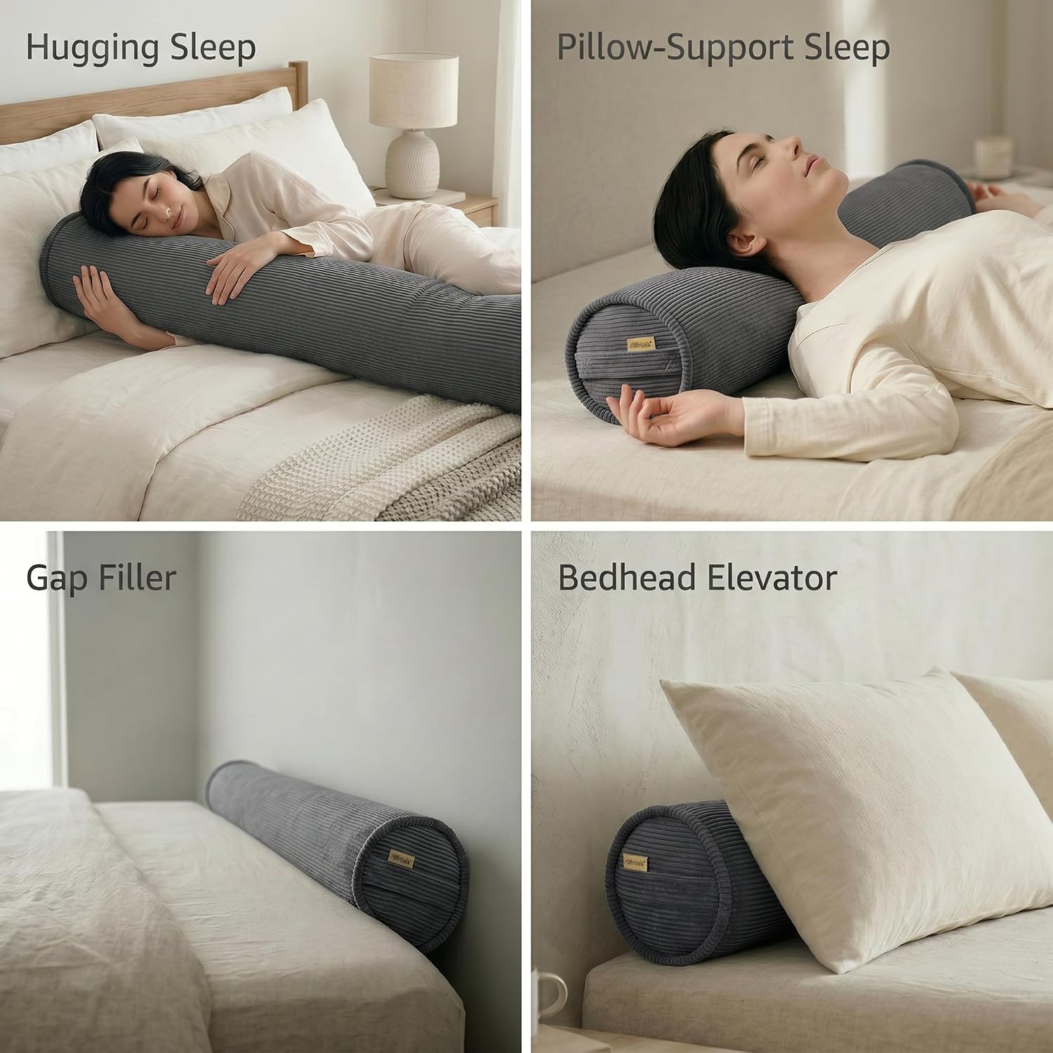Corduroy Full Body Cylinder Pillow for Adults, Cozy Bolster Pillow for Bed & Sofa, Soft Support Hugging Pillow, 59 x 7.87 Inches, Dark Grey