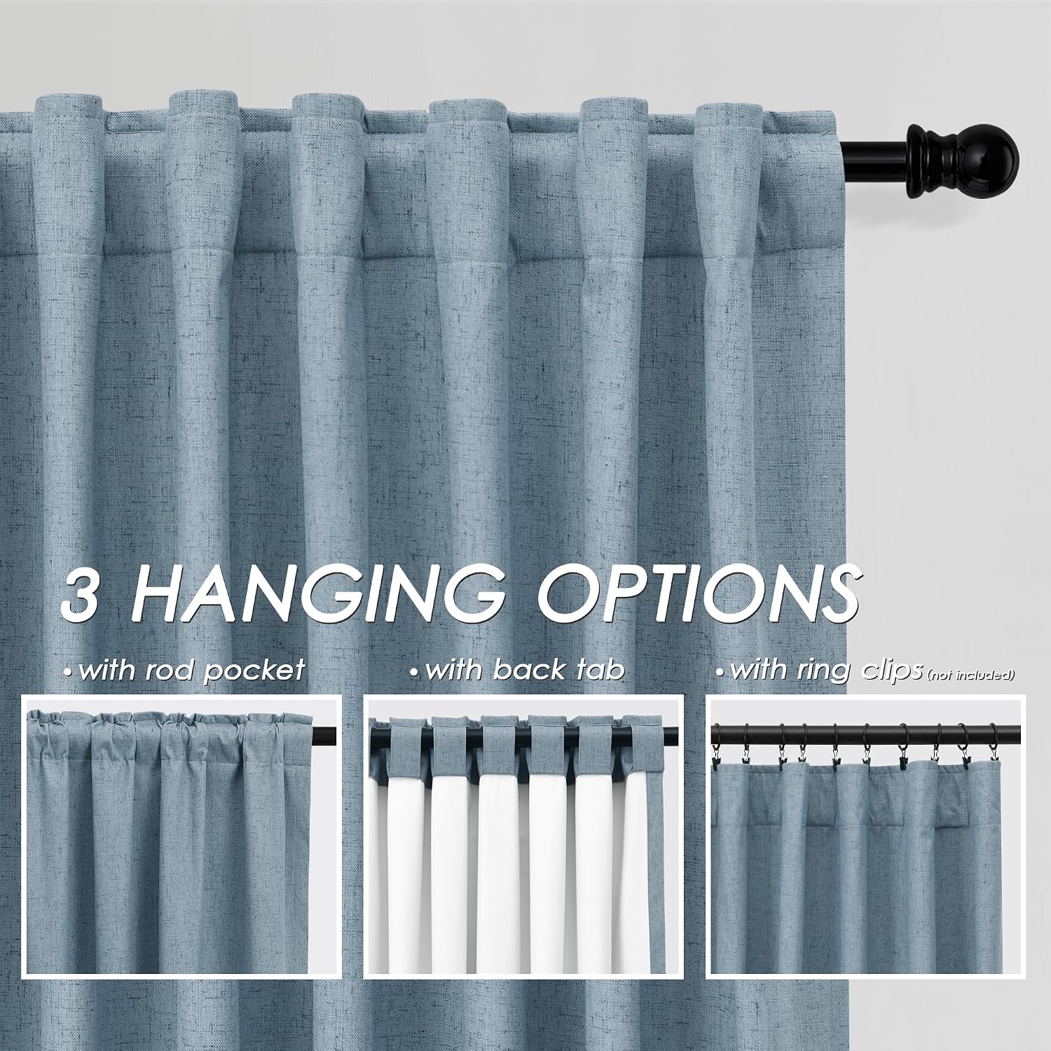 Nanspring Blue 100% Blackout Linen Curtains 108 Inches Long for Bedroom Back Tab Thermal Insulated Luxury Modern Farmhouse Decor Black Out…
