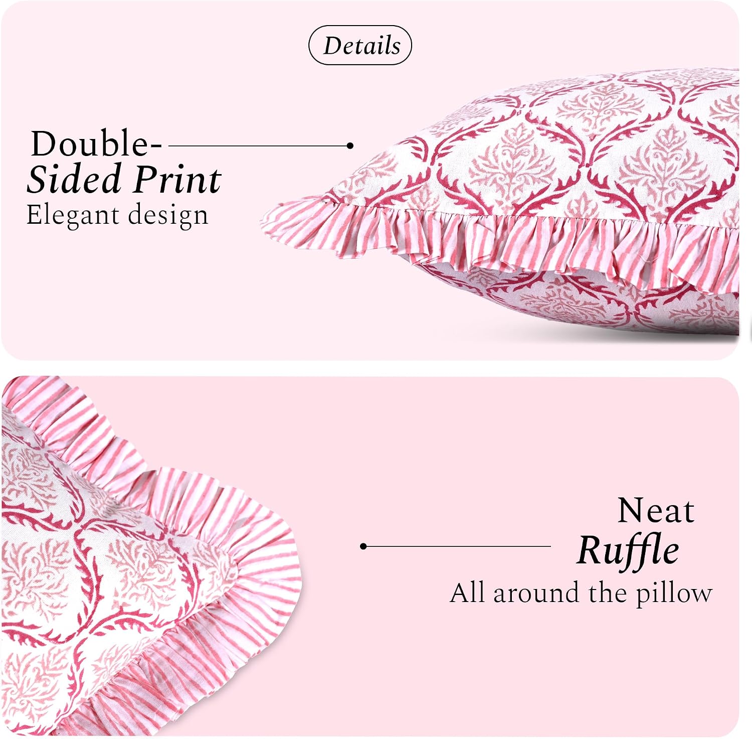 Cottonprintclub CPC Hand Block Print Blush Rose Ruffle Sham Pillow Cover 36" x 14" inch Hidden Zipper Decorative Pillowcase for Couch, Bed,…