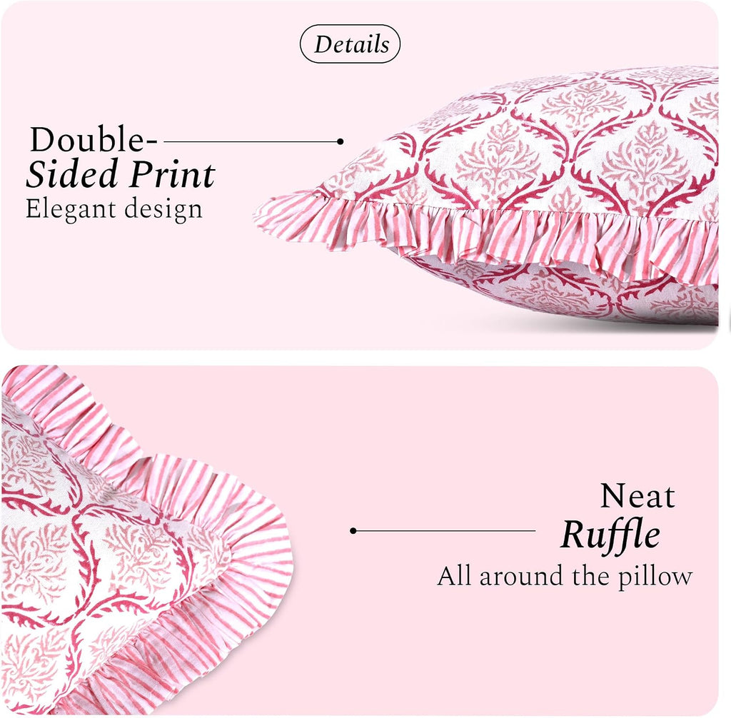 Cottonprintclub CPC Hand Block Print Blush Rose Ruffle Sham Pillow Cover 20" x 12" inch Hidden Zipper Decorative Pillowcase for Couch, Bed,…