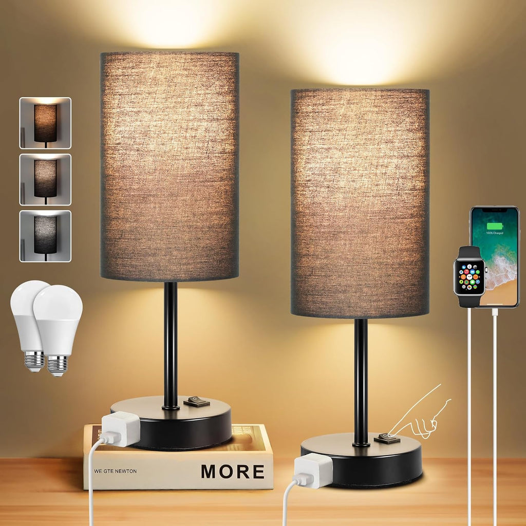 ZJOJO Table Lamp for Bedroom Set of 2, Bedside Small Lamps with 3 Way Dimmable Rocker Switch and AC Outlet, Nightstand Desk Lamp with…