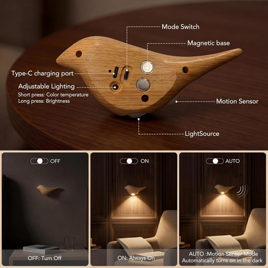 2-Pack Faux Wood Bird Wall Sconces, Timber-Look Plastic Cordless Motion Sensor Night Lights, Rechargeable Battery Operated LED Lamps for…