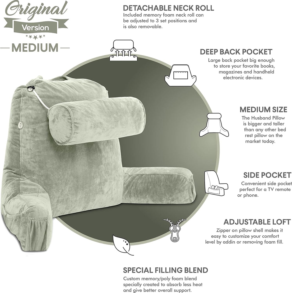 Husband Pillow Medium Reading Pillow with Arms - 23" Backrest for Sitting Up in Bed - Firm Support Bed Rest Pillow for Adults, Neck Roll…