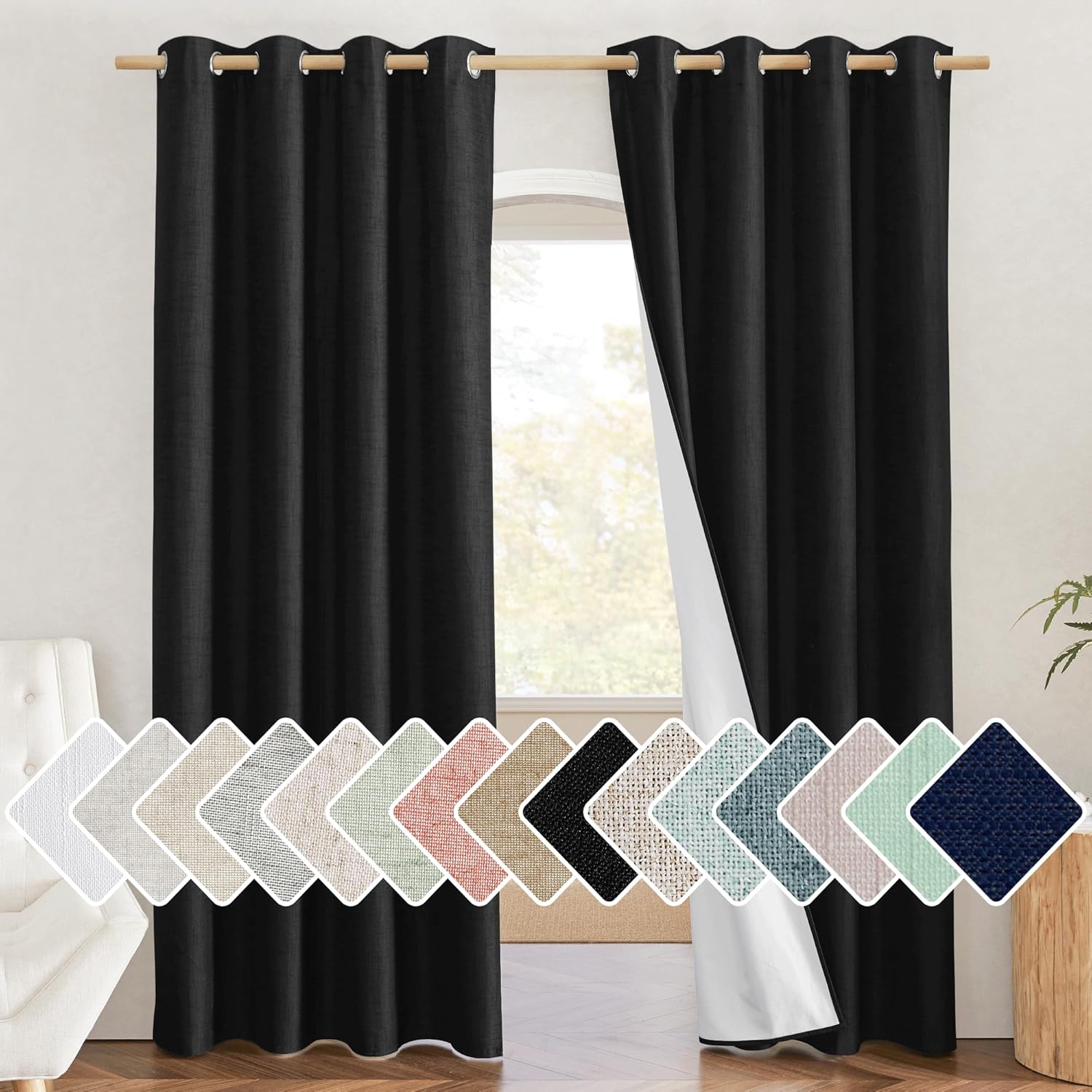 NICETOWN Vintage Open Linen Weave Flax Thermal Black Curtains for Holloween Decoration, 100% Blackout Curtains 84 inches Long 2 PCs for…