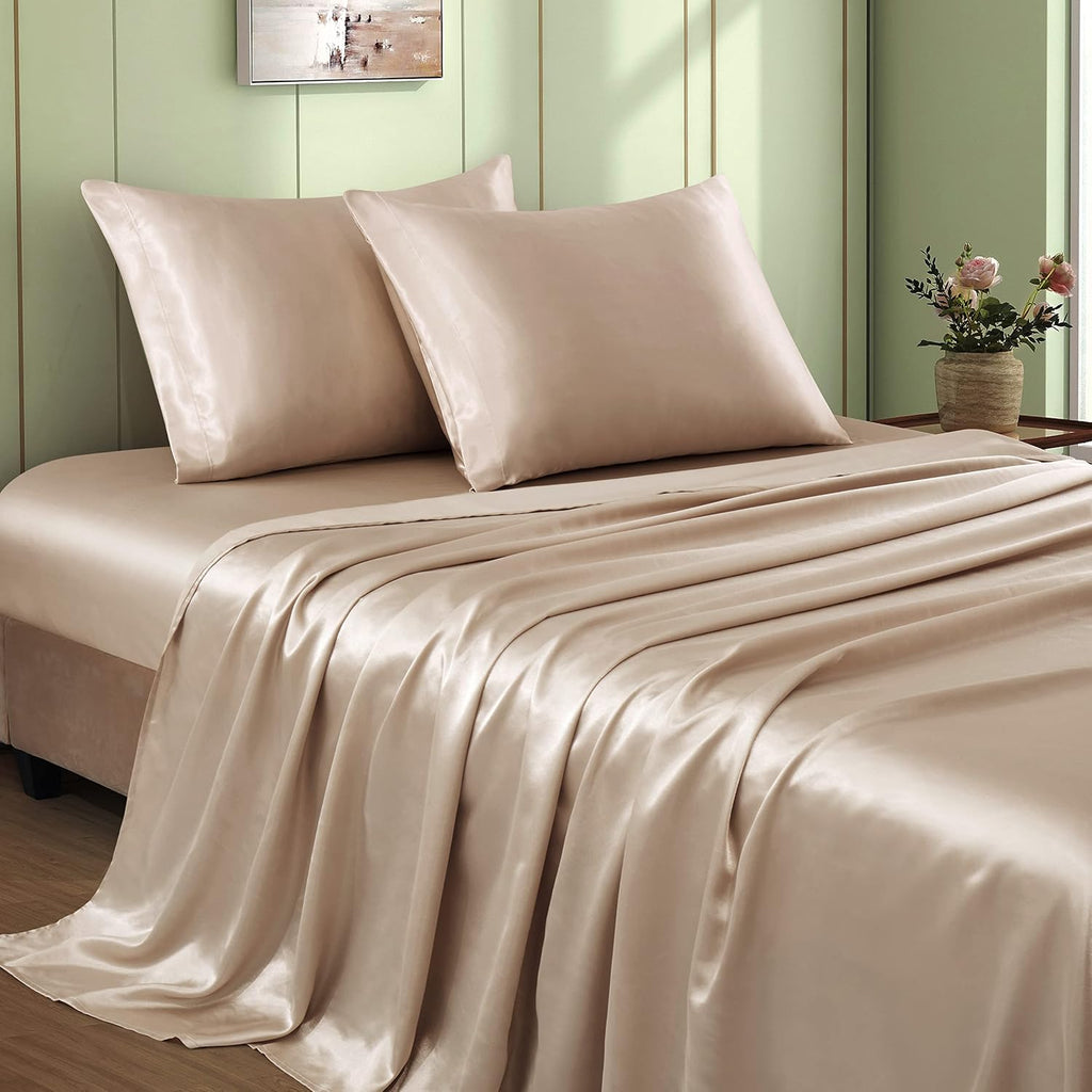 VACVELT 4pc Queen Size Beige Satin Bed Set, Deep Pocket Silky Satin Sheets, Luxury Cooling Bedding Set, 1 Fitted + 1 Flat + 2 Pillowcases