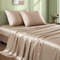 VACVELT 4pc Queen Size Beige Satin Bed Set, Deep Pocket Silky Satin Sheets, Luxury Cooling Bedding Set, 1 Fitted + 1 Flat + 2 Pillowcases
