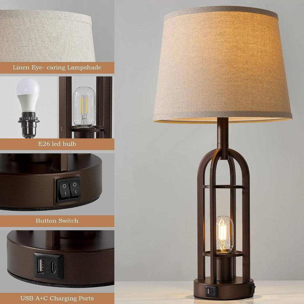 SRJJA Table Lamps for Living Room End Table Set of 2 - Farmhouse Industrial Bedside Lamps for Bedroom Nightstand with Nightlight and USB…
