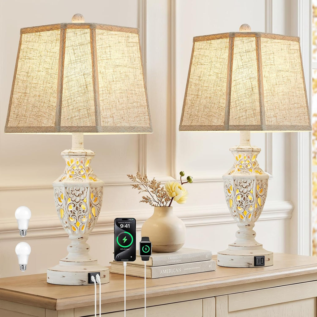 EJIAXIN Lamps for Night Stands Set of 2-23.5" Boho Bedside Lamp with USB A+C and Nightlight - Cream Rustic Carved Resin Farmhouse Table…