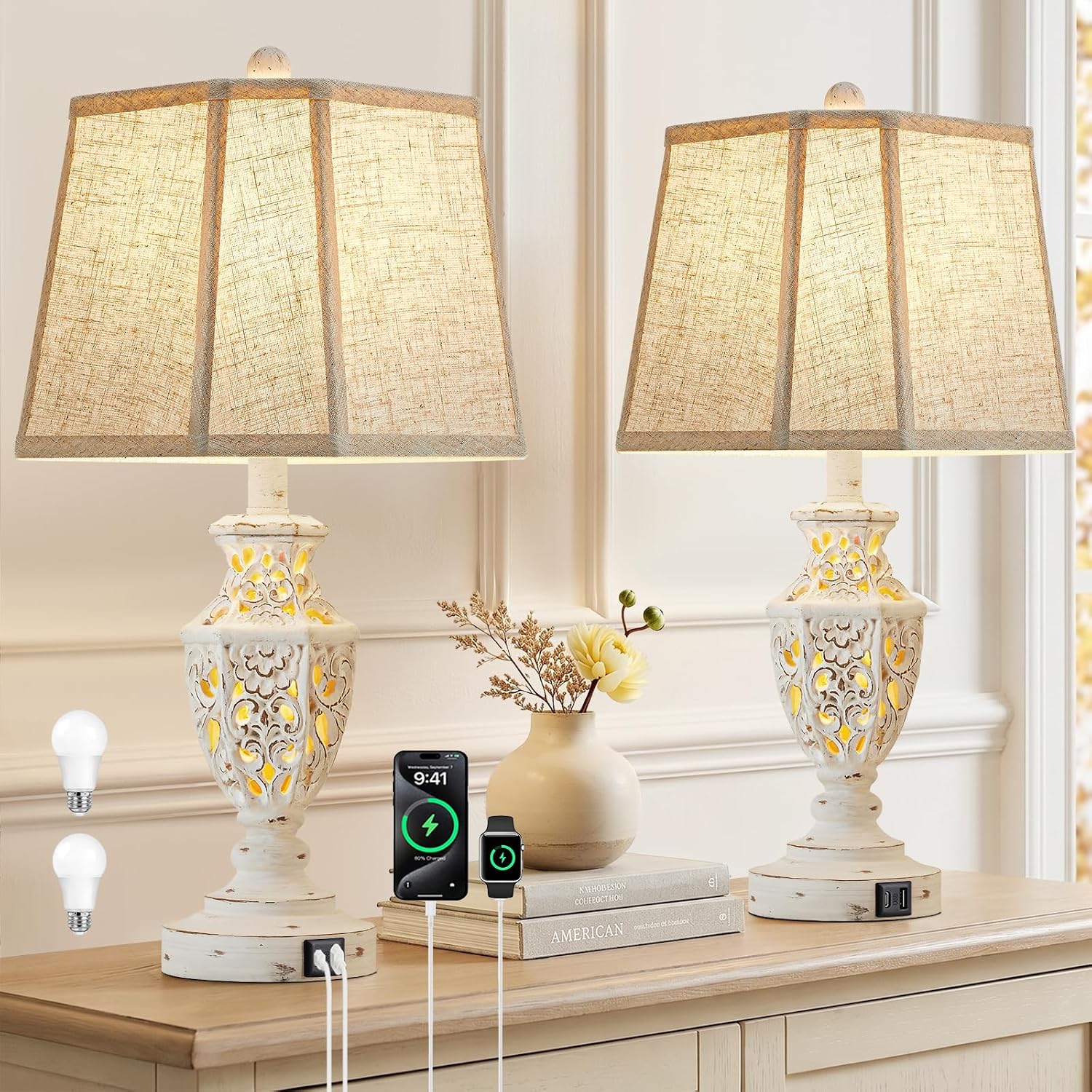 EJIAXIN Lamps for Night Stands Set of 2-23.5" Boho Bedside Lamp with USB A+C and Nightlight - Cream Rustic Carved Resin Farmhouse Table…