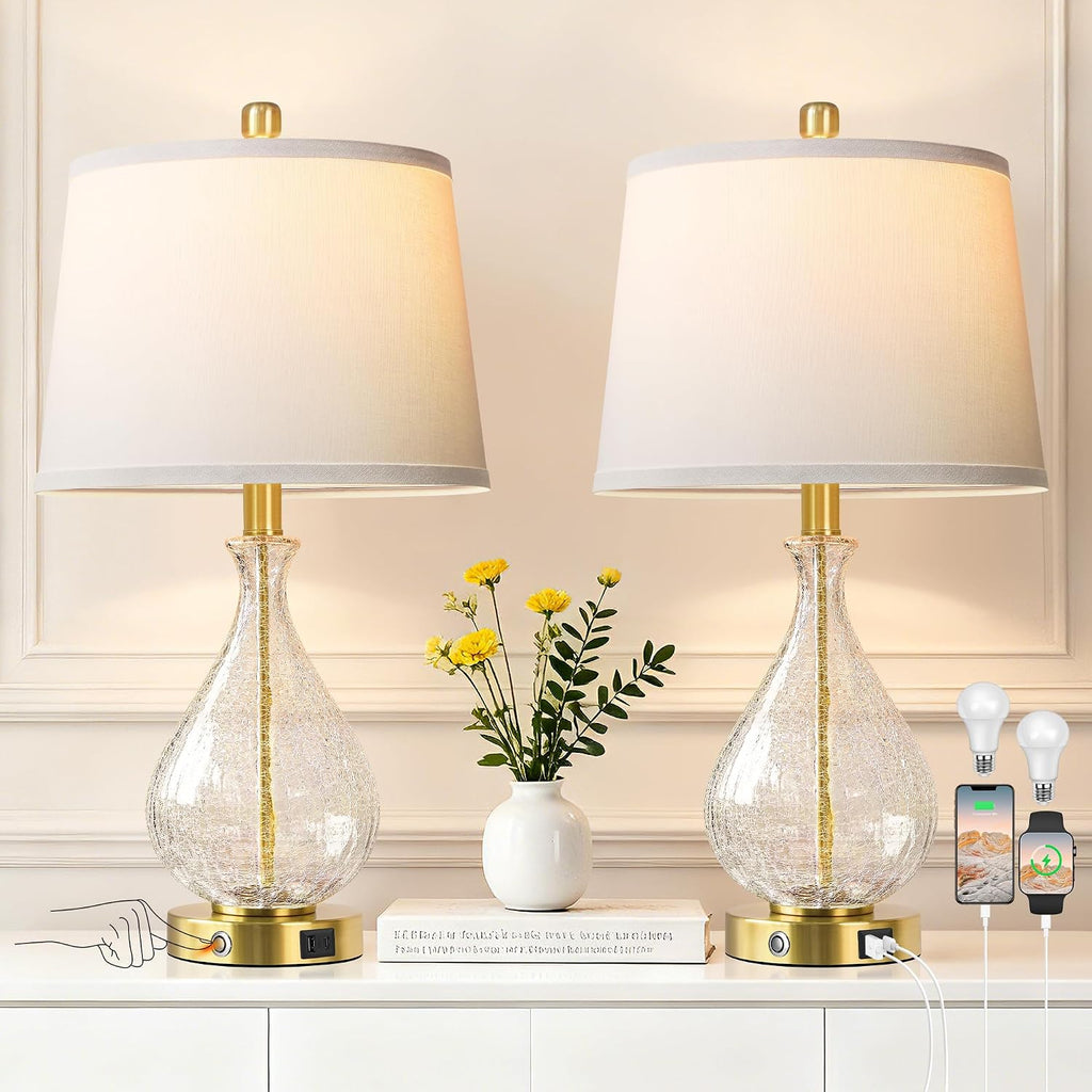 QiMH Glass Table Lamps for Living Room, Bedside Lamps Set of 2 with USB A+C Charging Ports, 3 Way Dimmable Touch Lamps for Nightstand…