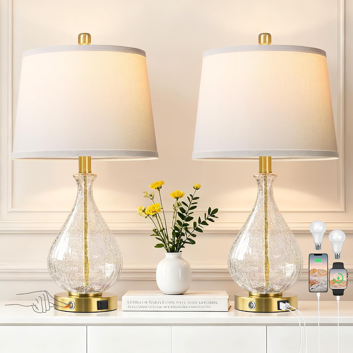 QiMH Glass Table Lamps for Living Room, Bedside Lamps Set of 2 with USB A+C Charging Ports, 3 Way Dimmable Touch Lamps for Nightstand…