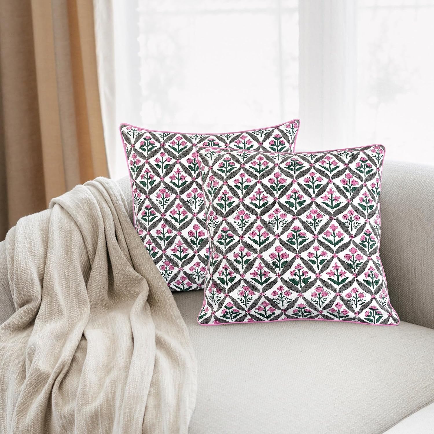 Ridhi Block Print Pink and White Pillow Cover 20" x 20" (Pack of 2) Decorative Couch Pillows for Living Room, Chic Boho Cute Outdoor Pillow…