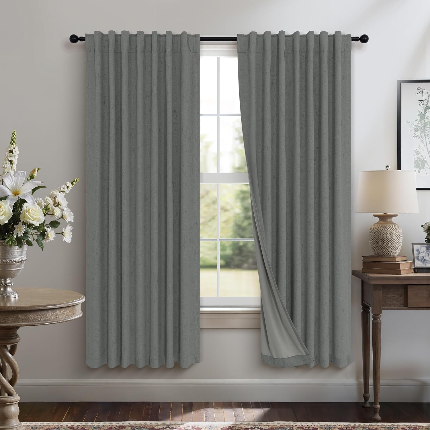 Pitalk Charcoal Grey Curtains for Bedroom 2 Panel Set 63 Inch Length 100% Blackout Linen Look Thermal Insulated Light Blocking Darkening Ba…