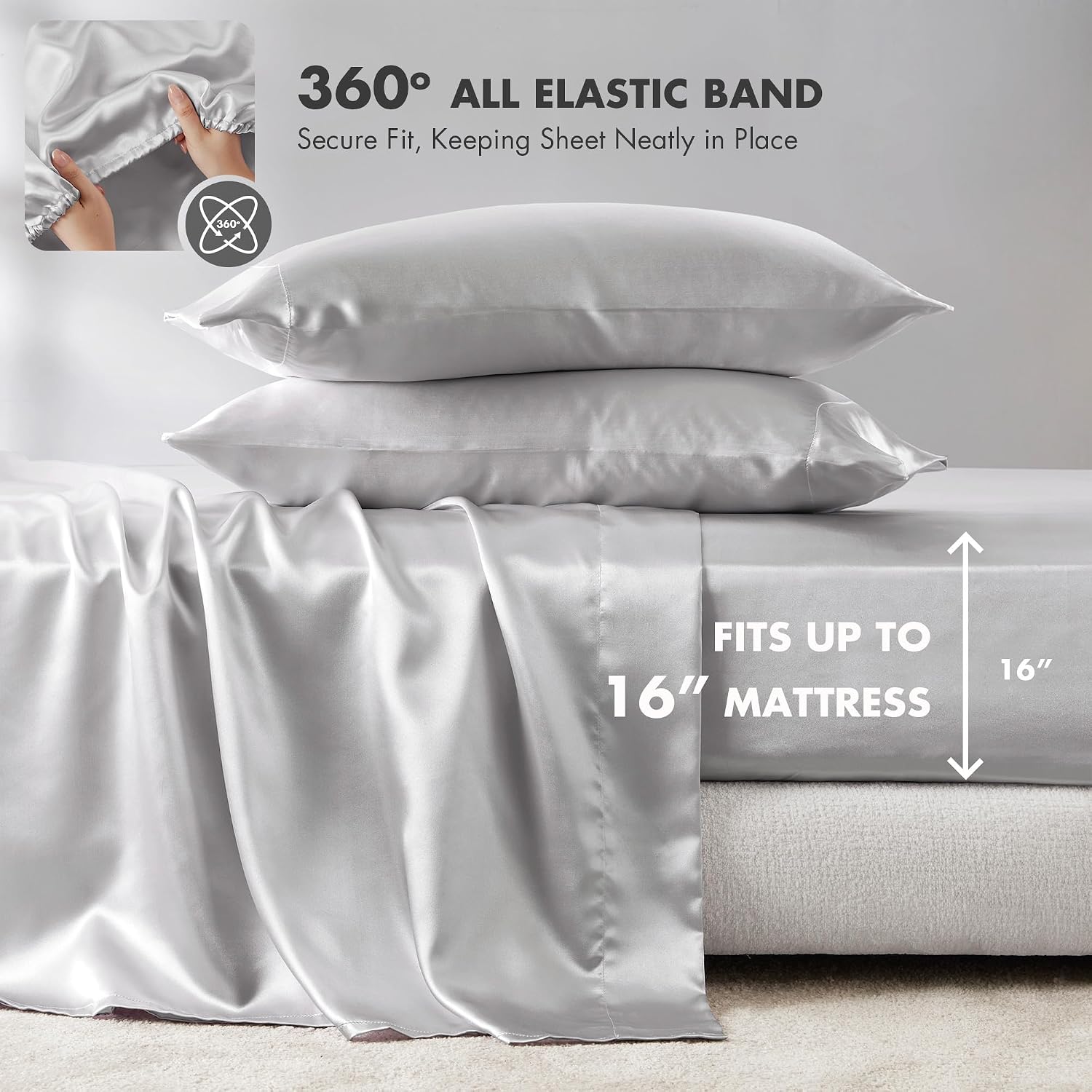 Madisonpark Madison Park Essentials Satin Sheet Set Luxury and Silky with Natural Sheen, Elastic 14" Pocket fits up to 16" Mattress, All Ar…