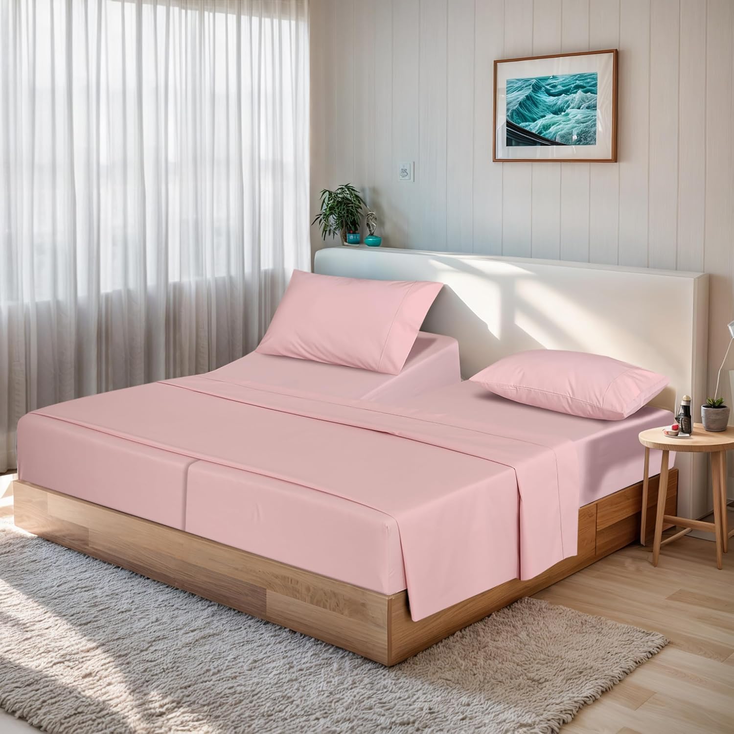 Ruvanti 100% Cotton Organic Percale Sheets Split King Size – Crisp Cooling Bed Sheets for Hot Sleepers, Deep Pocket 15”, Soft Peach Finish,…