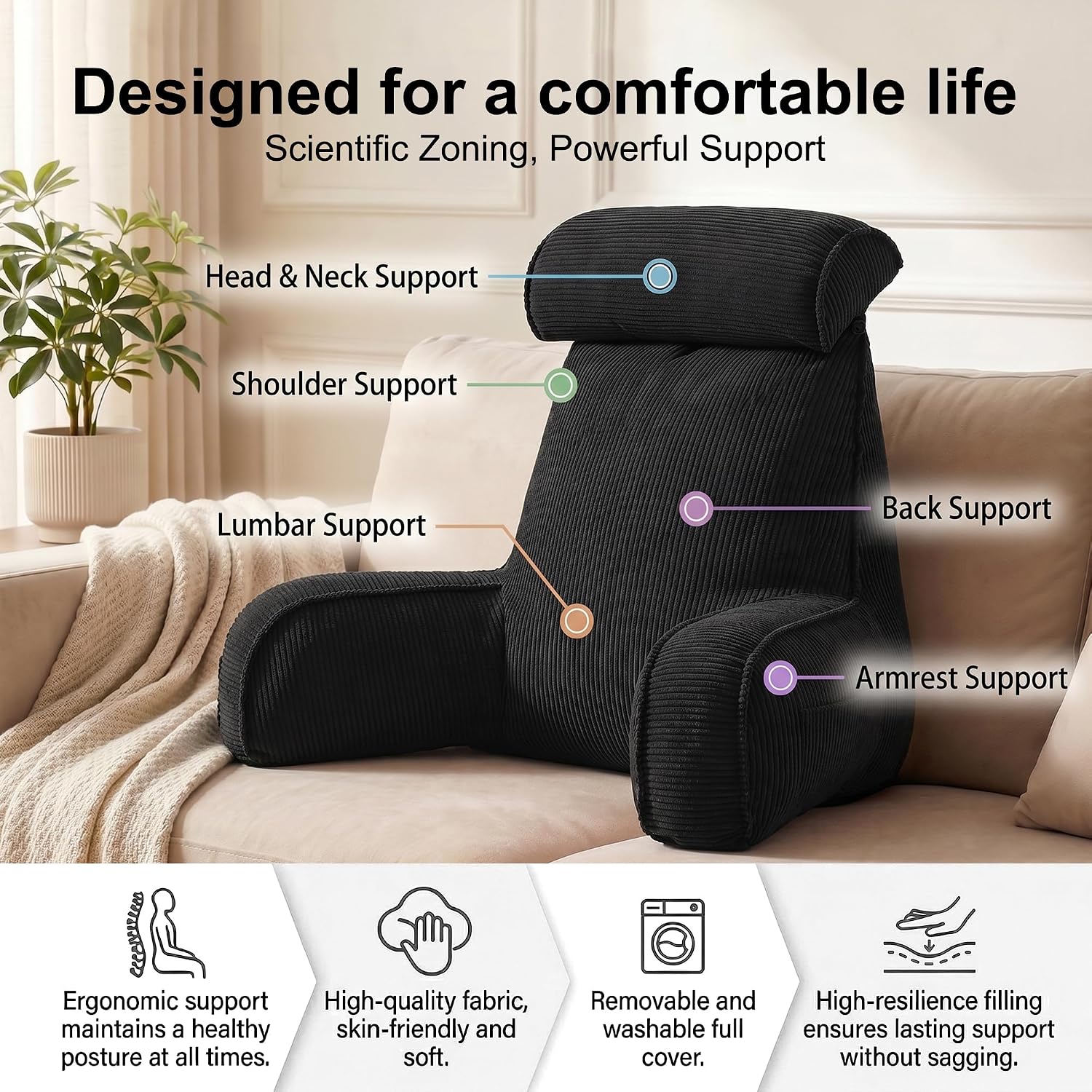 Ailuteie Corduroy Reading Pillow for Sitting Up in Bed, Bed Rest Backrest Pillow with Arms, Low Back Support Cushion with Side Pockets & Wa…