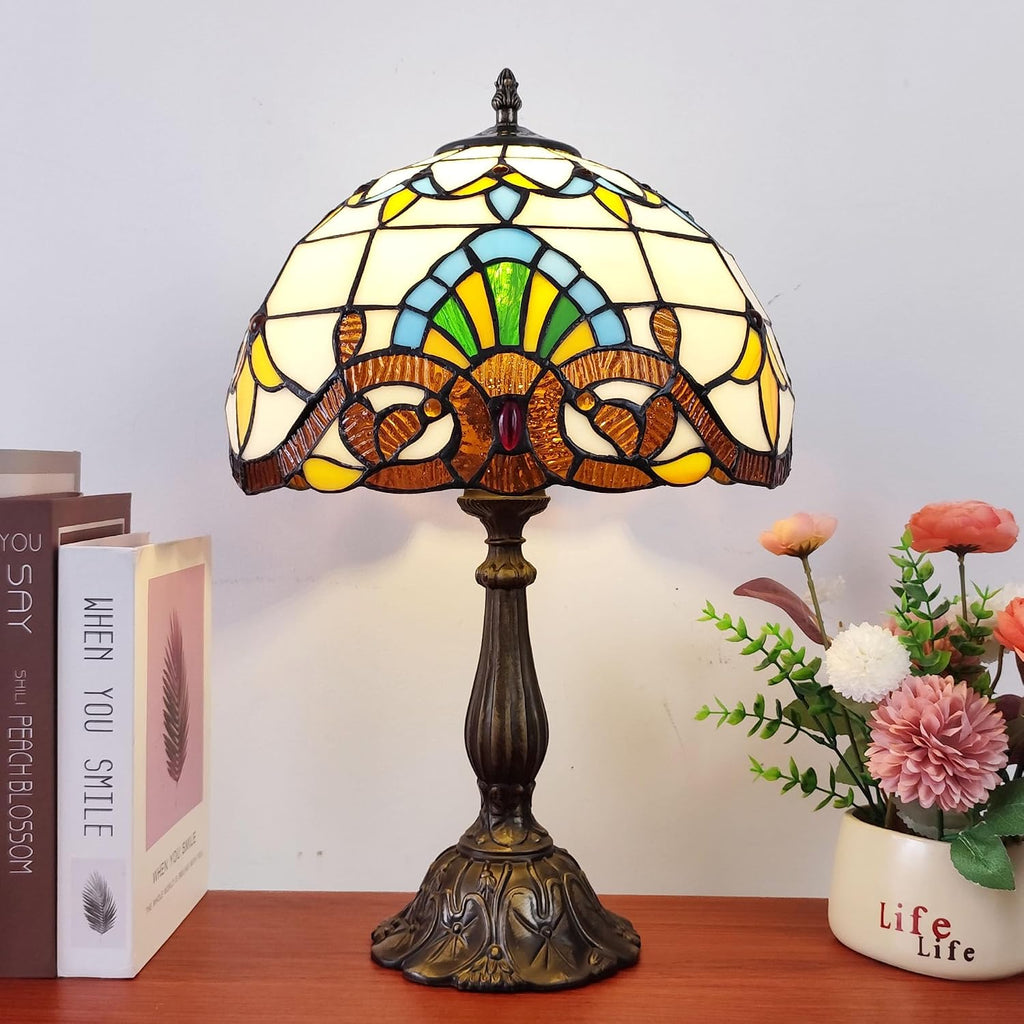 Tiffany Table Lamp 12X12X19 Inch Yellow Baroque Style Stained Glass Lamp Antique Bedside Desk Reading Light for Bedroom Living Room Home…