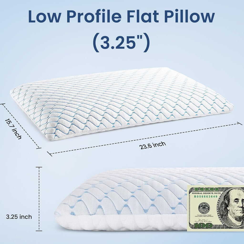 3.25" Ultra Thin Memory Foam Pillow with Cool-to-Touch Cover, Low Profile Flat Bed Pillow for Back & Stomach Sleepers, Standard Size